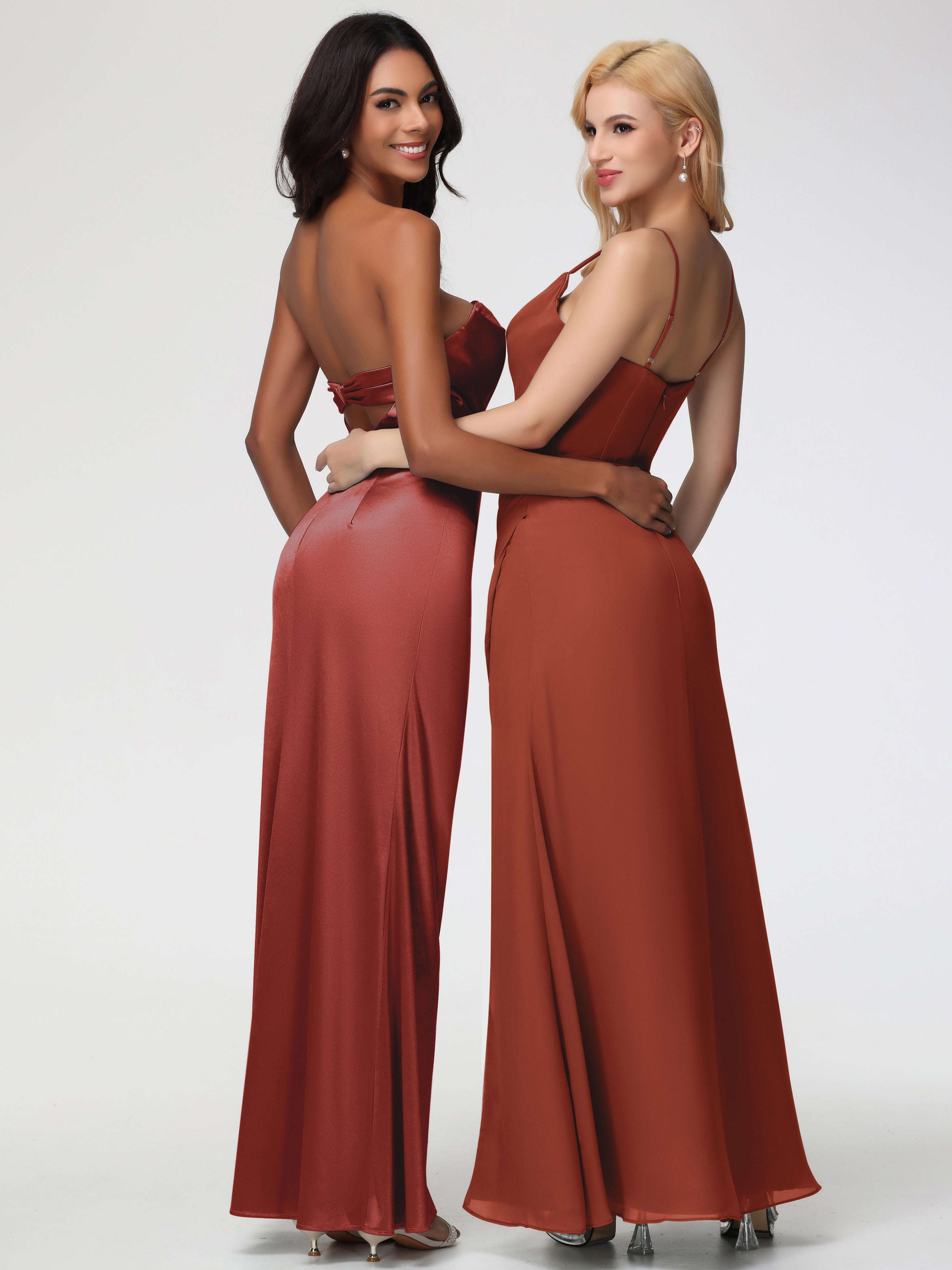 Robe De Demoiselle D'Honneur Rouille Sans Bretelle Satin Extensible Robe De Demoiselle D'Honneur Longue Plissée