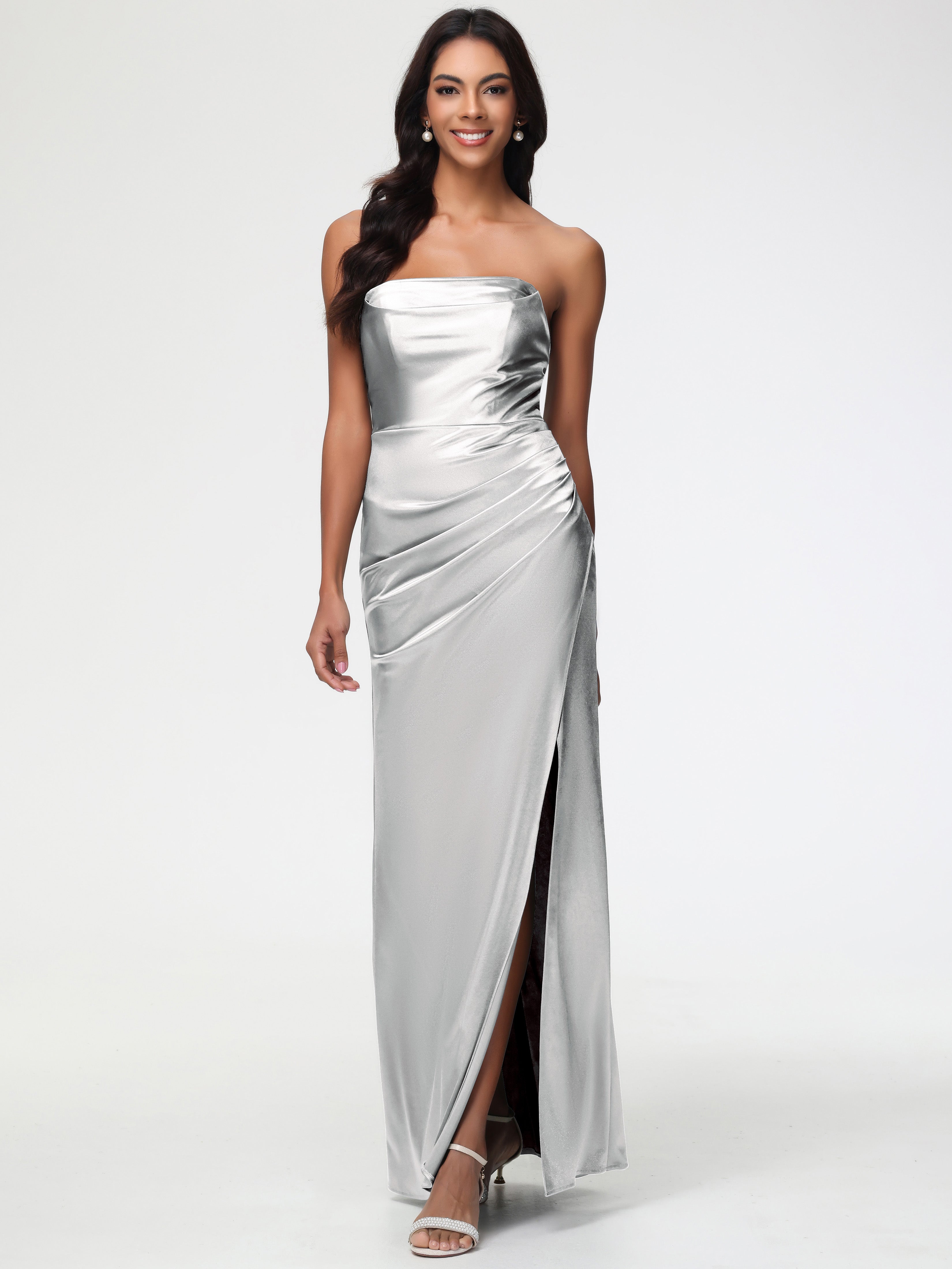 Robe Demoiselle D Honneur Argentée Sans Bretelle Satin Extensible Robe De Demoiselle D'Honneur Longue Plissée