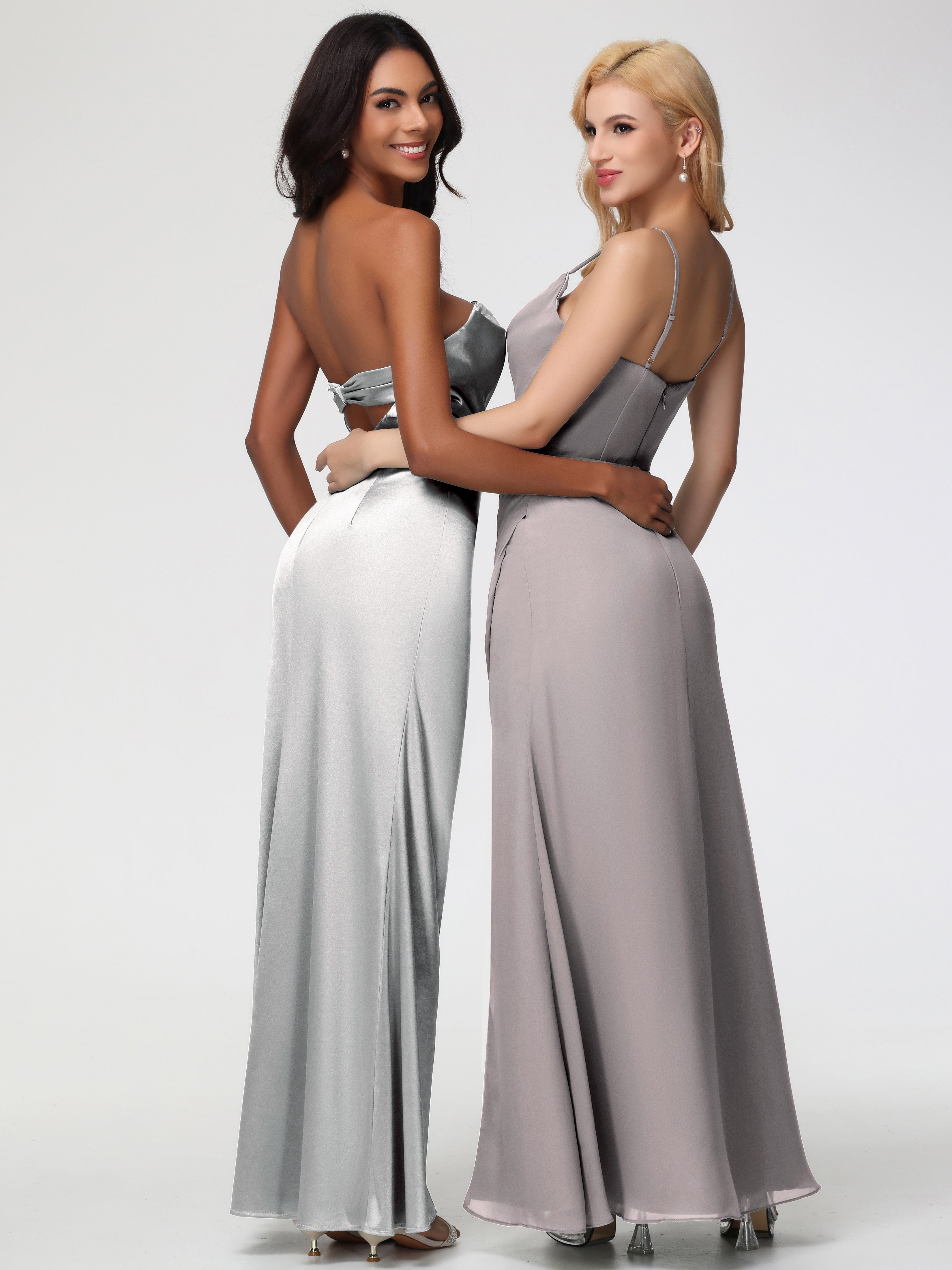 Robe Demoiselle D Honneur Argentée Sans Bretelle Satin Extensible Robe De Demoiselle D'Honneur Longue Plissée