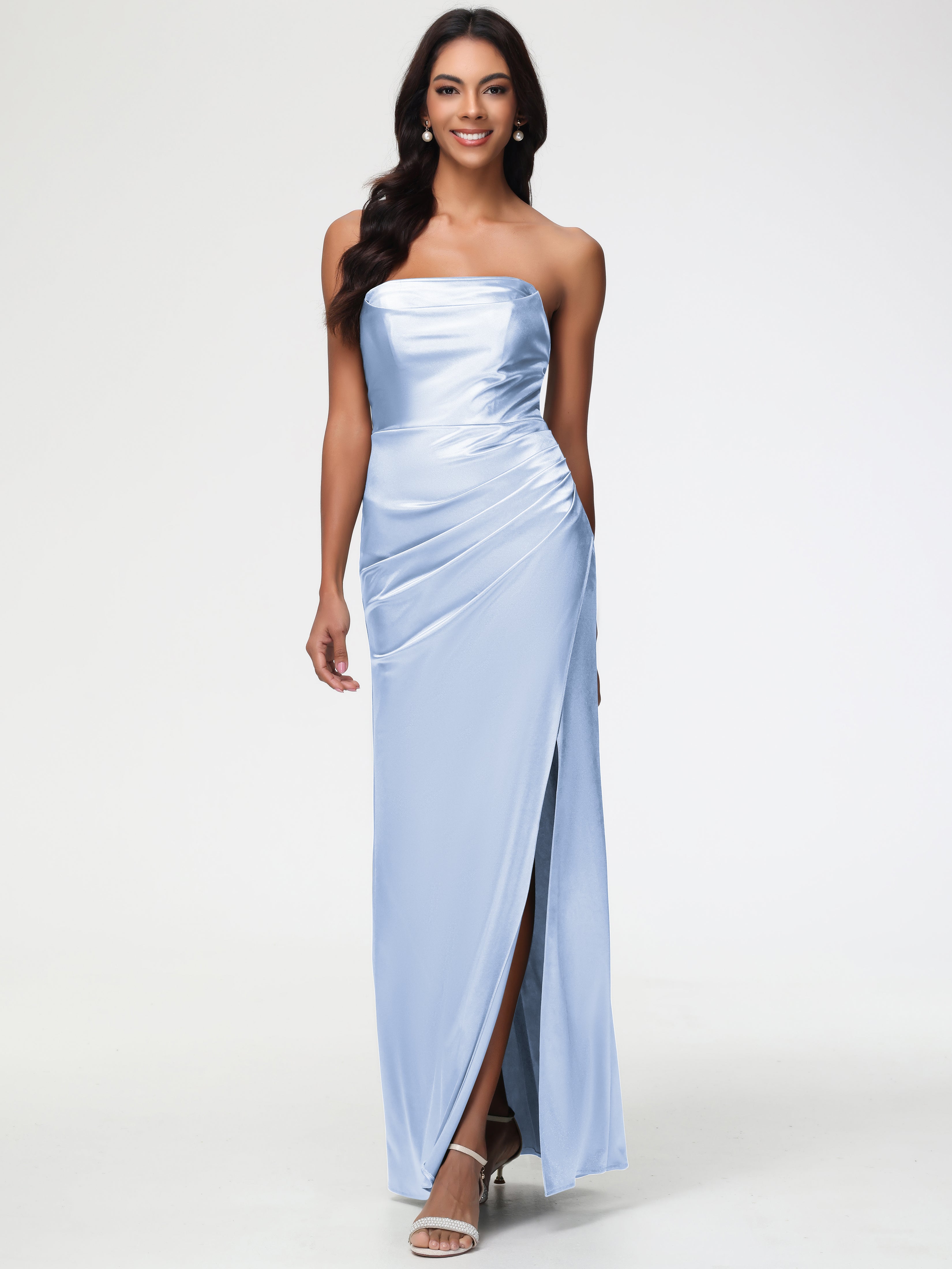 Robe De Demoiselle D Honneur Bleu Ciel Sans Bretelle Satin Extensible Robe De Demoiselle D'Honneur Longue Plissée