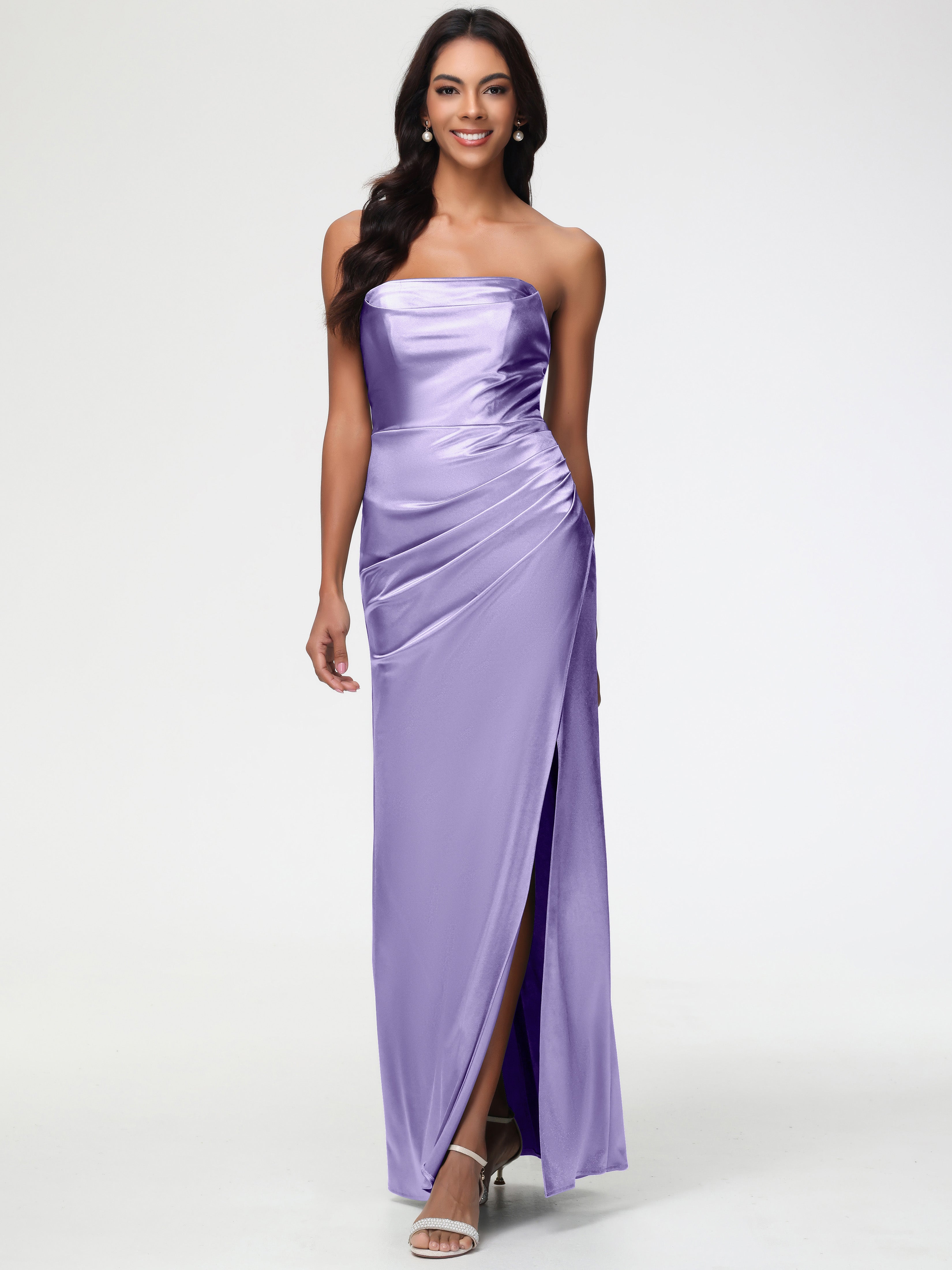 Robes De Demoiselle D'Honneur Tahiti Sans Bretelle Satin Extensible Robe De Demoiselle D'Honneur Longue Plissée