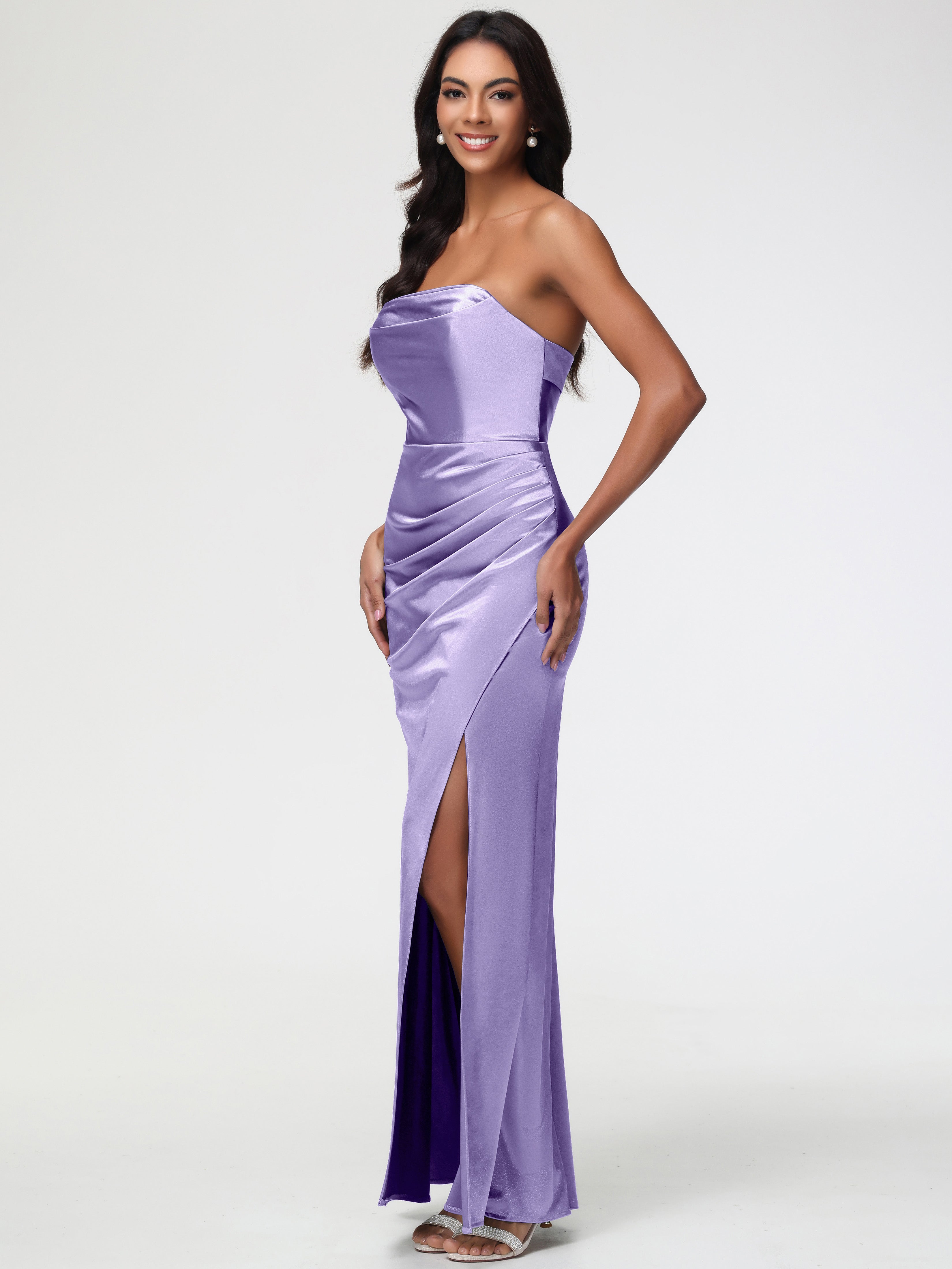 Robes De Demoiselle D'Honneur Tahiti Sans Bretelle Satin Extensible Robe De Demoiselle D'Honneur Longue Plissée
