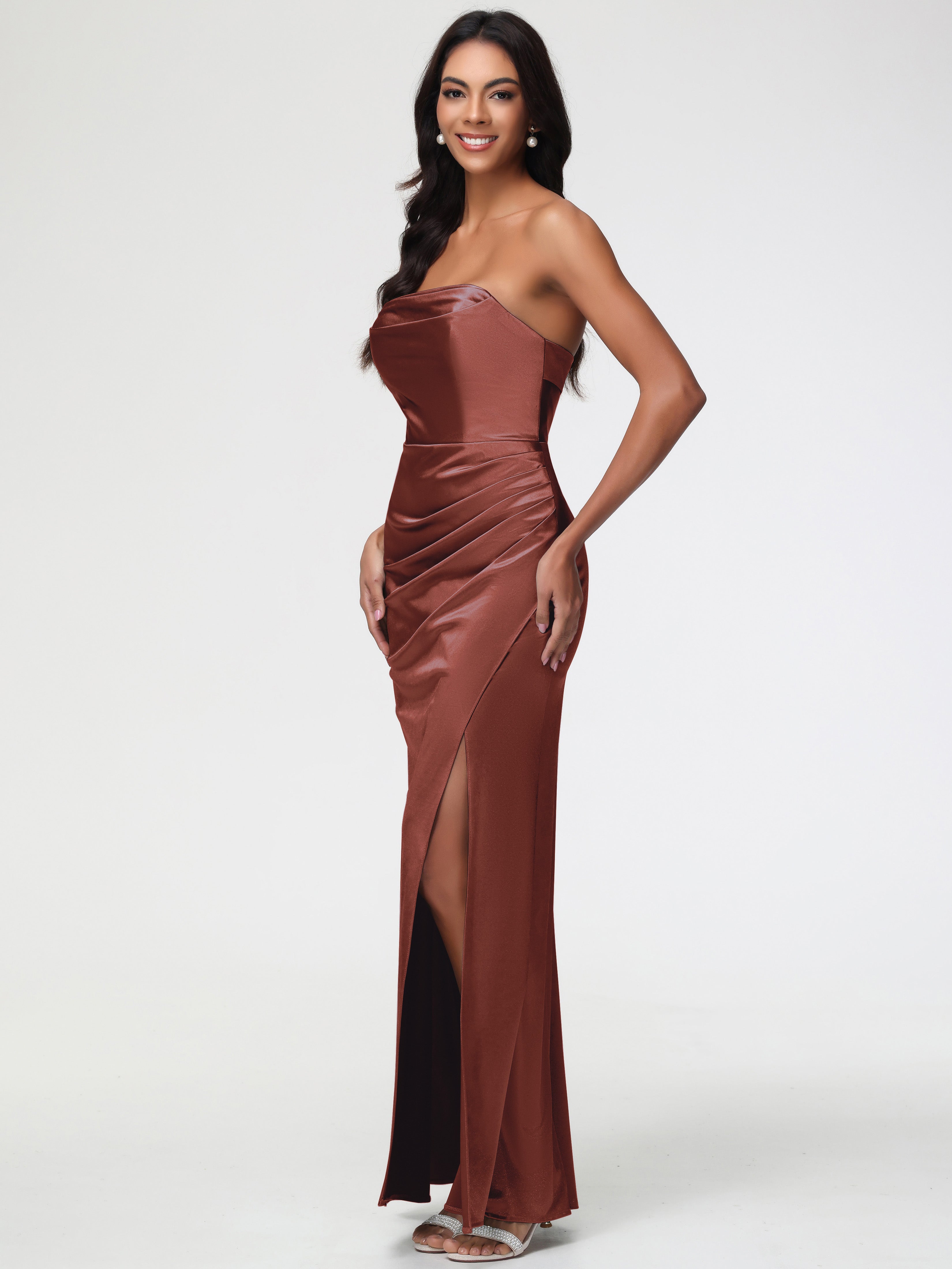 Demoiselle Robe Terracotta Mariage Sans Bretelle Satin Extensible Robe De Demoiselle D'Honneur Longue Plissée