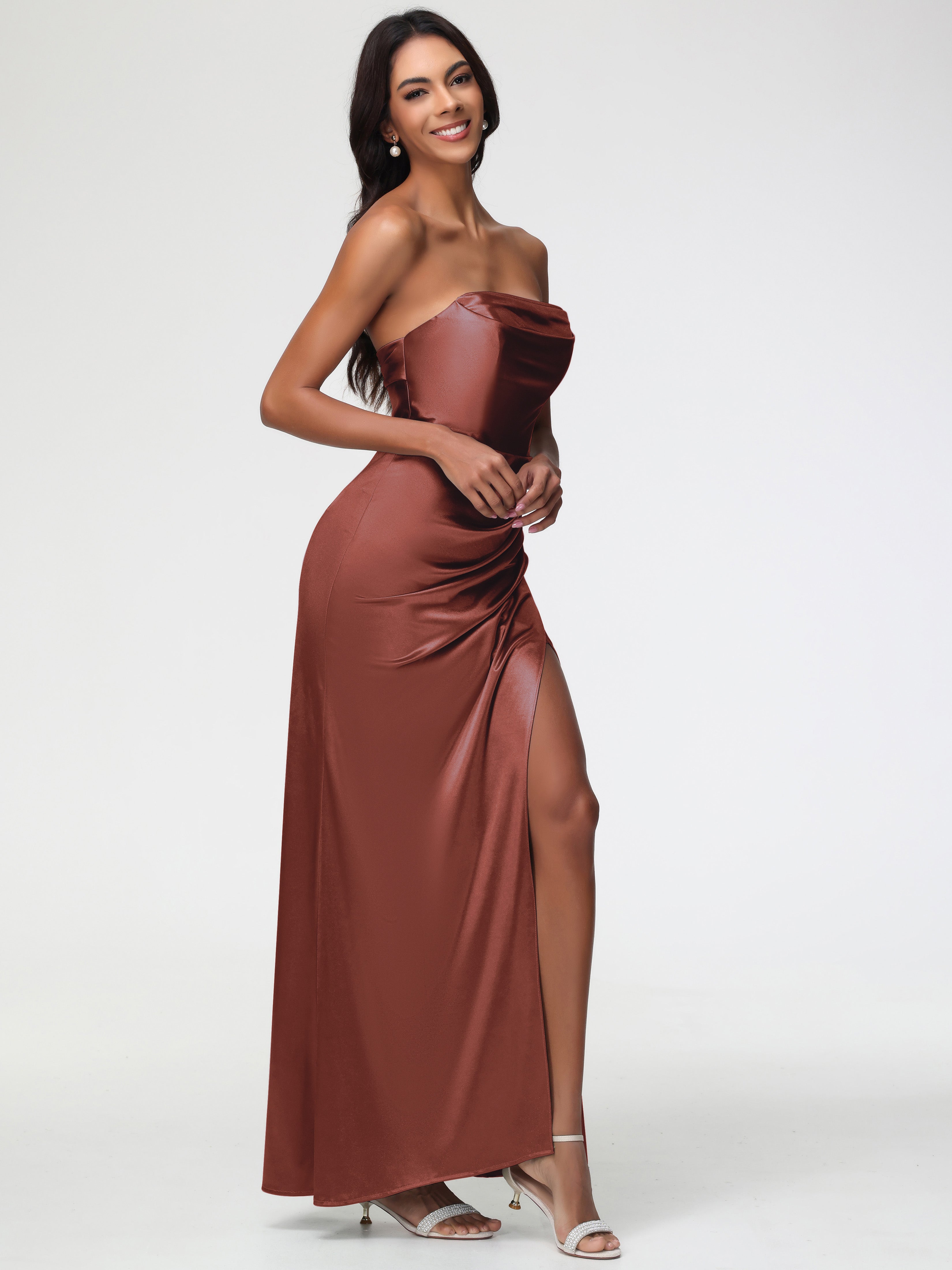 Demoiselle Robe Terracotta Mariage Sans Bretelle Satin Extensible Robe De Demoiselle D'Honneur Longue Plissée