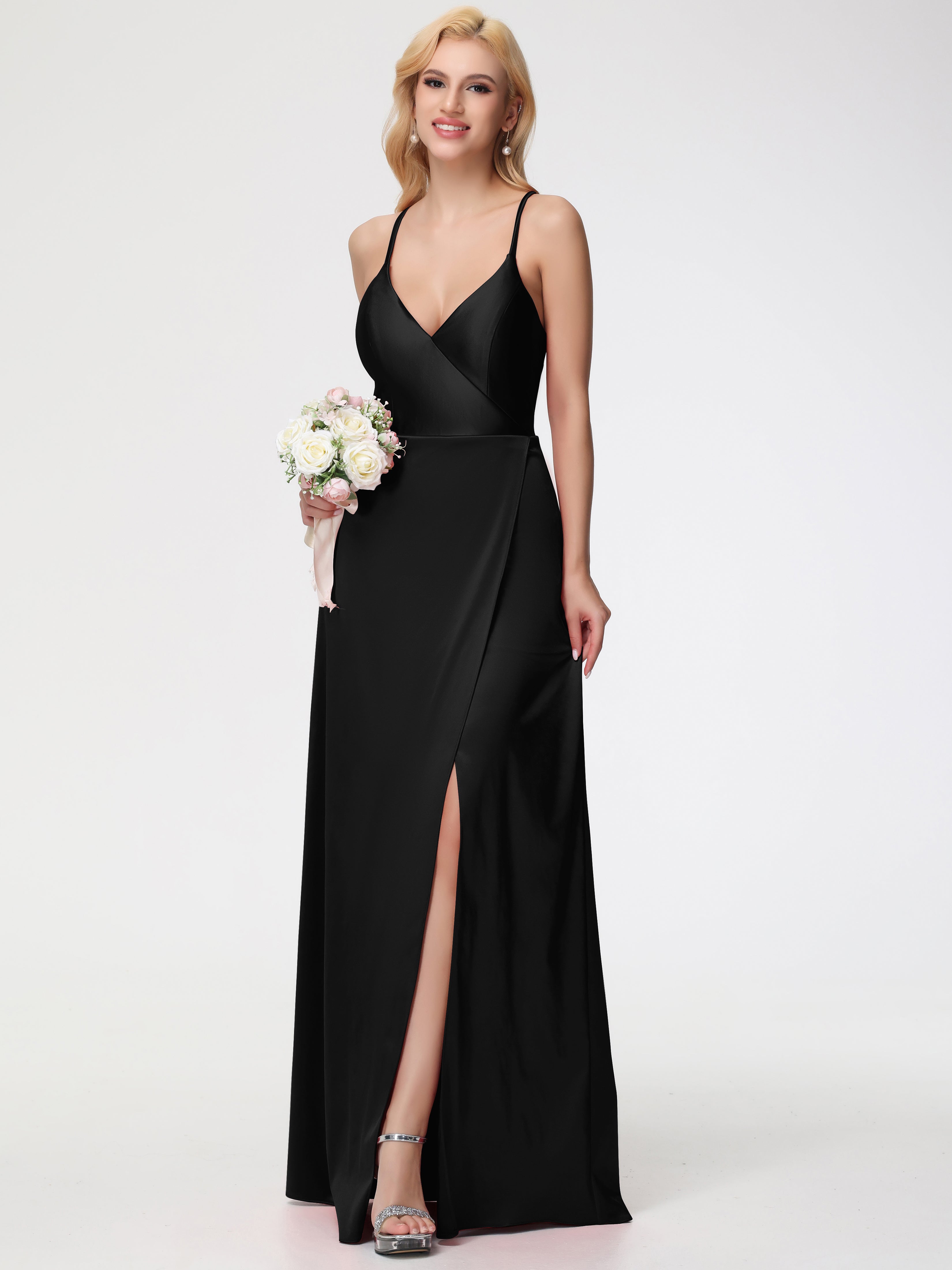 Robes De Demoiselle D'Honneur Noires Bretelles Croisées Col V Fendue Satin Extensible Robe De Demoiselle D'Honneur