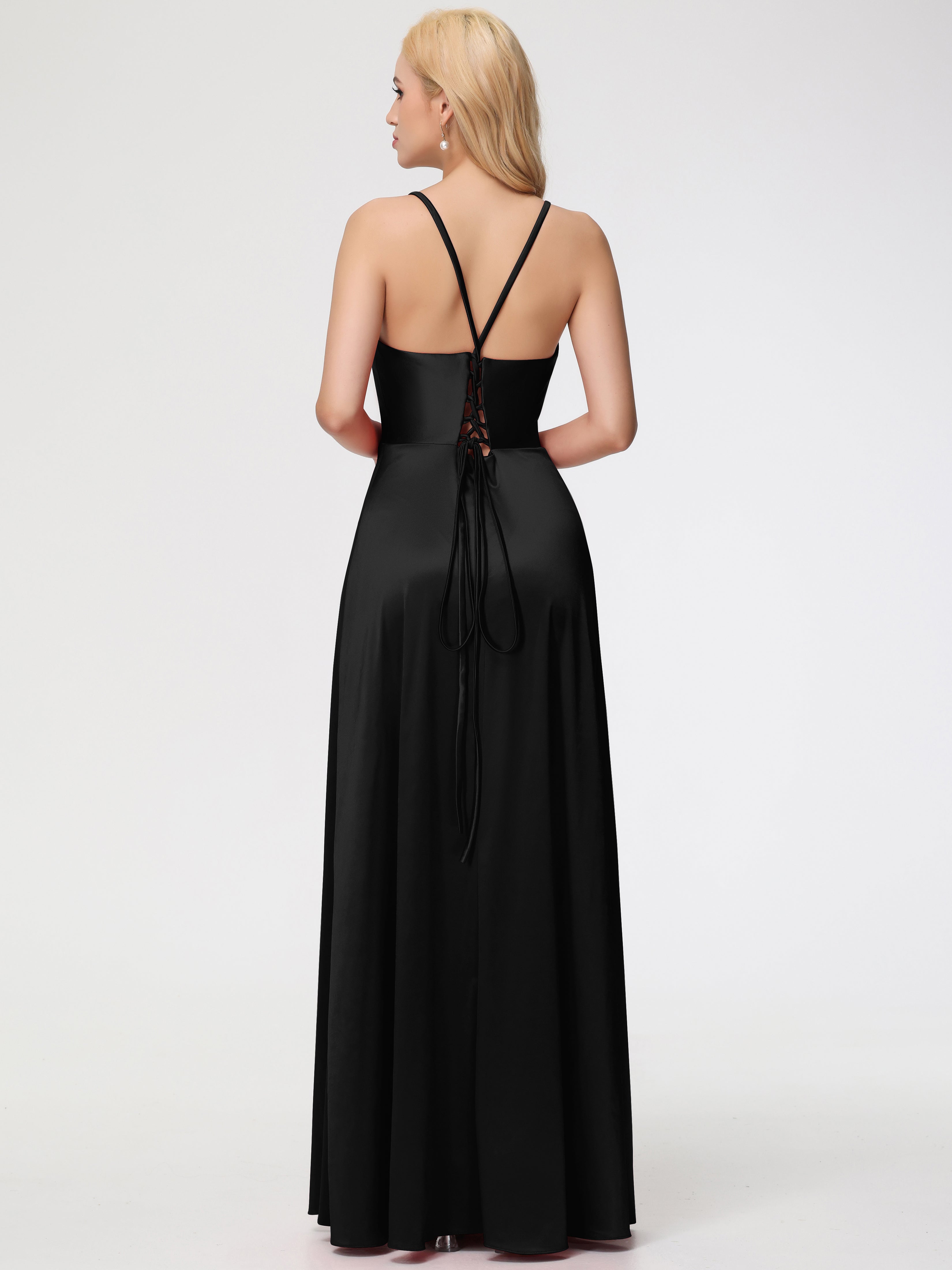 Robes De Demoiselle D'Honneur Noires Bretelles Croisées Col V Fendue Satin Extensible Robe De Demoiselle D'Honneur