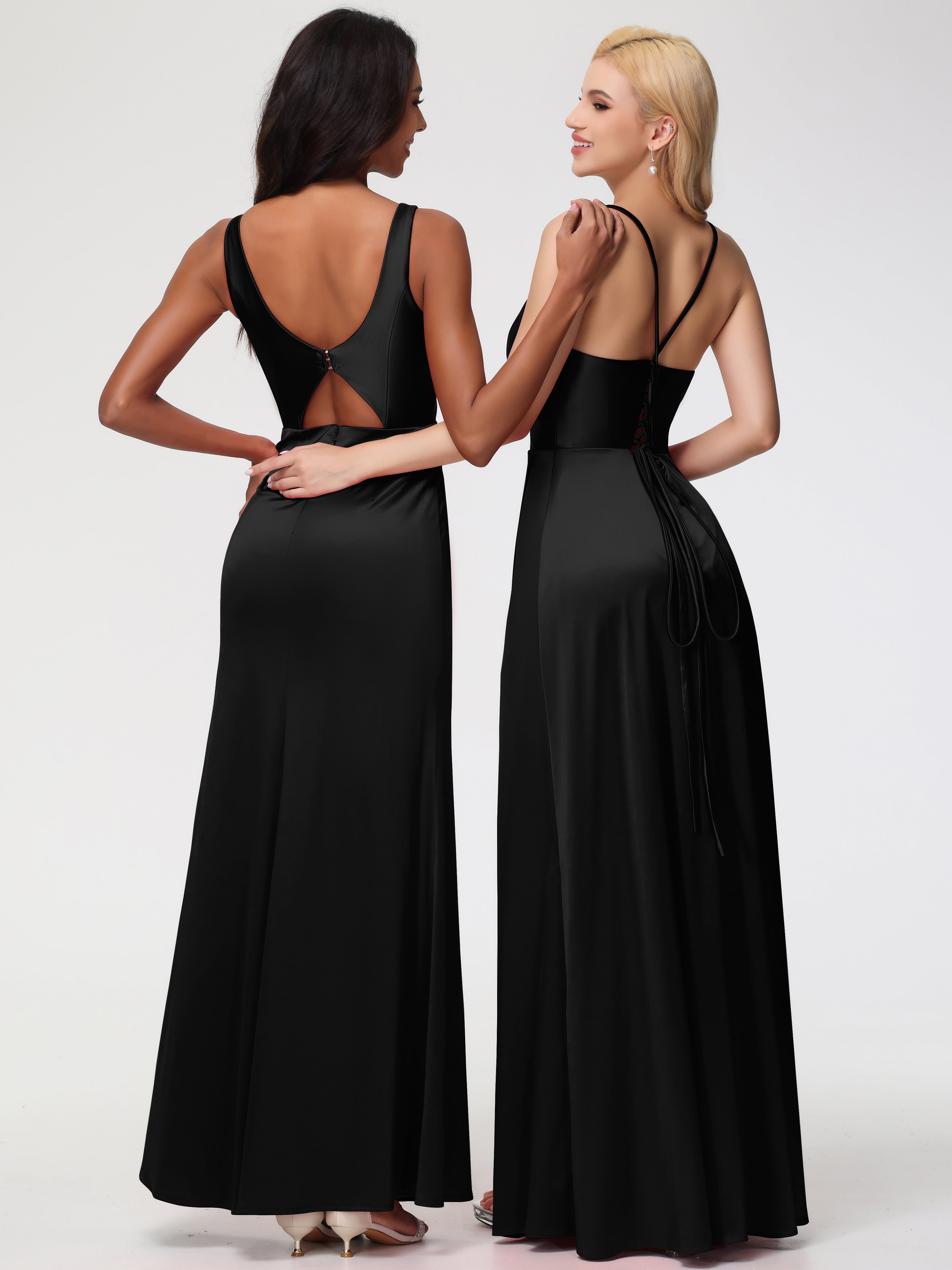 Robes De Demoiselle D'Honneur Noires Bretelles Croisées Col V Fendue Satin Extensible Robe De Demoiselle D'Honneur