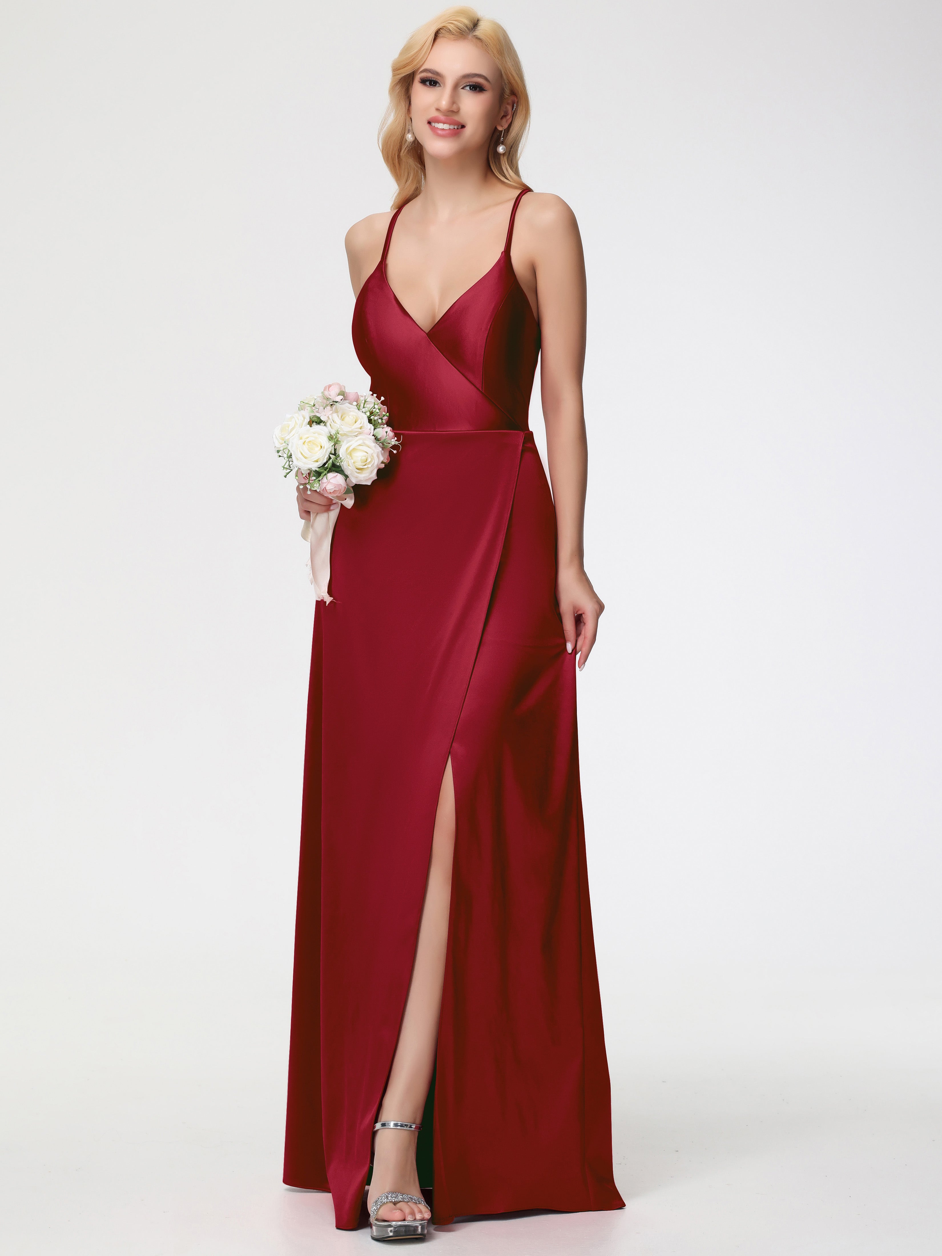Robes De Demoiselle D'Honneur Bordeaux Bretelles Croisées Col V Fendue Satin Extensible Robe De Demoiselle D'Honneur