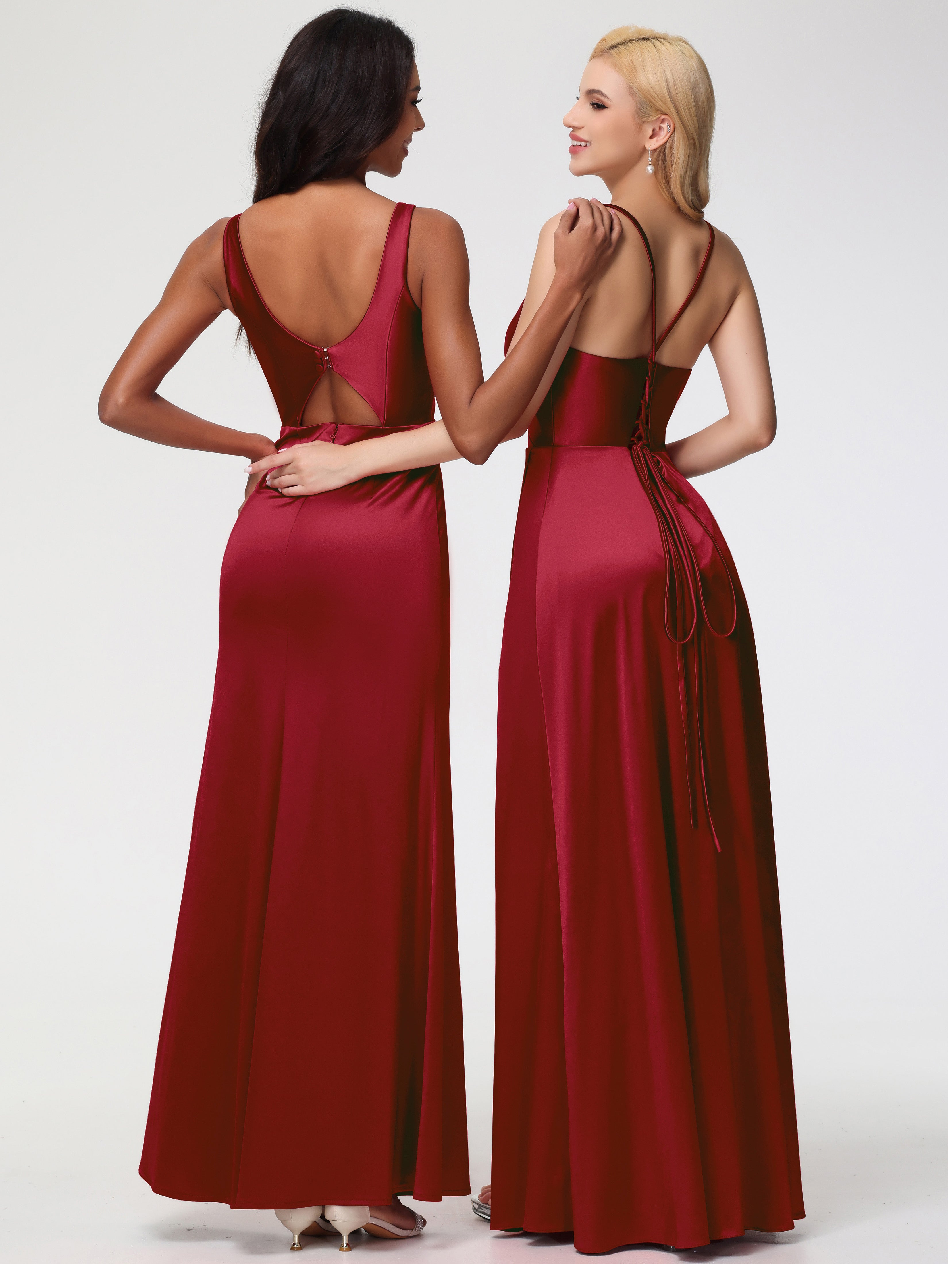 Robes De Demoiselle D'Honneur Bordeaux Bretelles Croisées Col V Fendue Satin Extensible Robe De Demoiselle D'Honneur