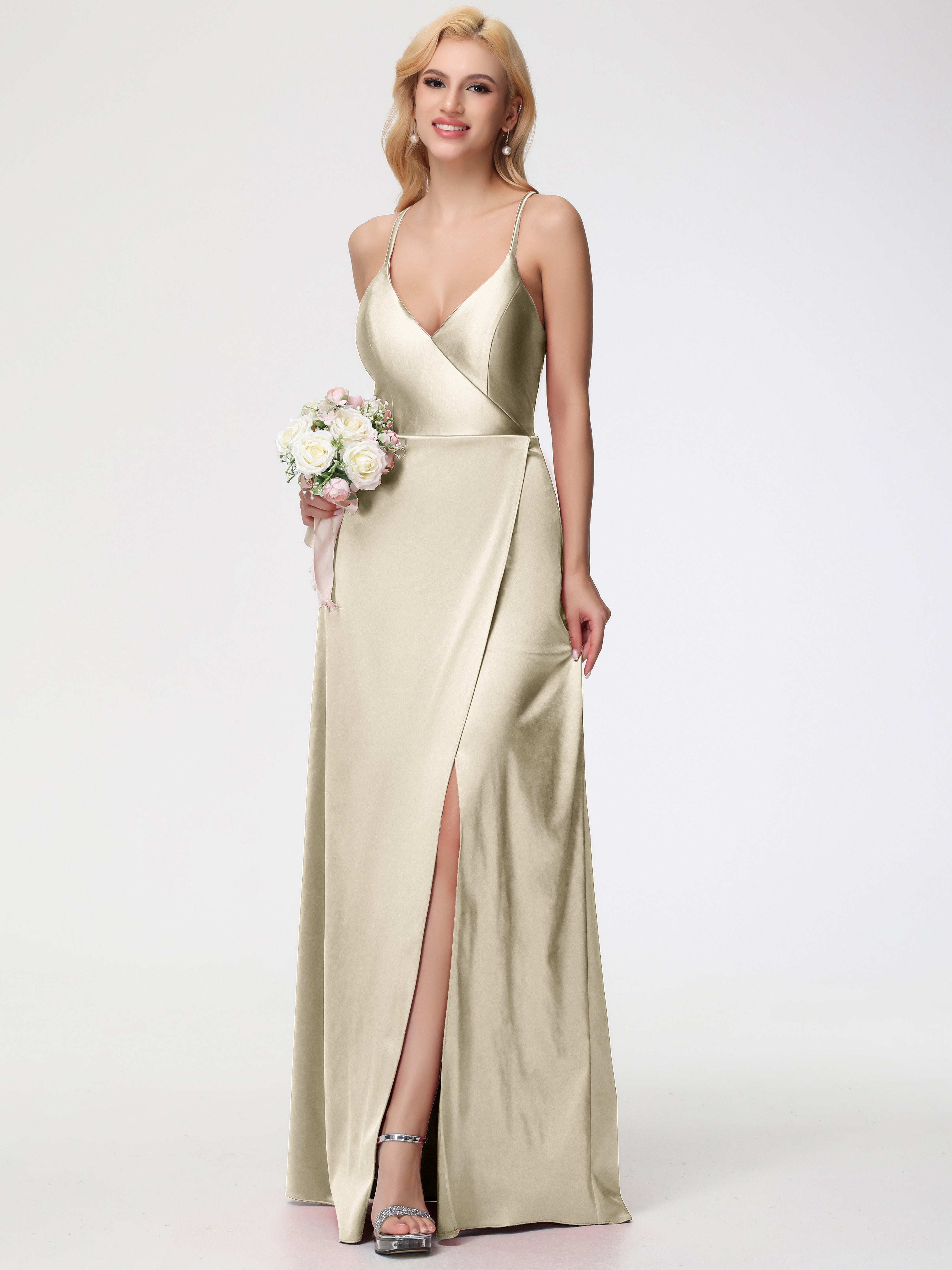 Robes De Demoiselle D'Honneur Champagne Longues Bretelles Croisées Col V Fendue Satin Extensible Robe De Demoiselle D'Honneur