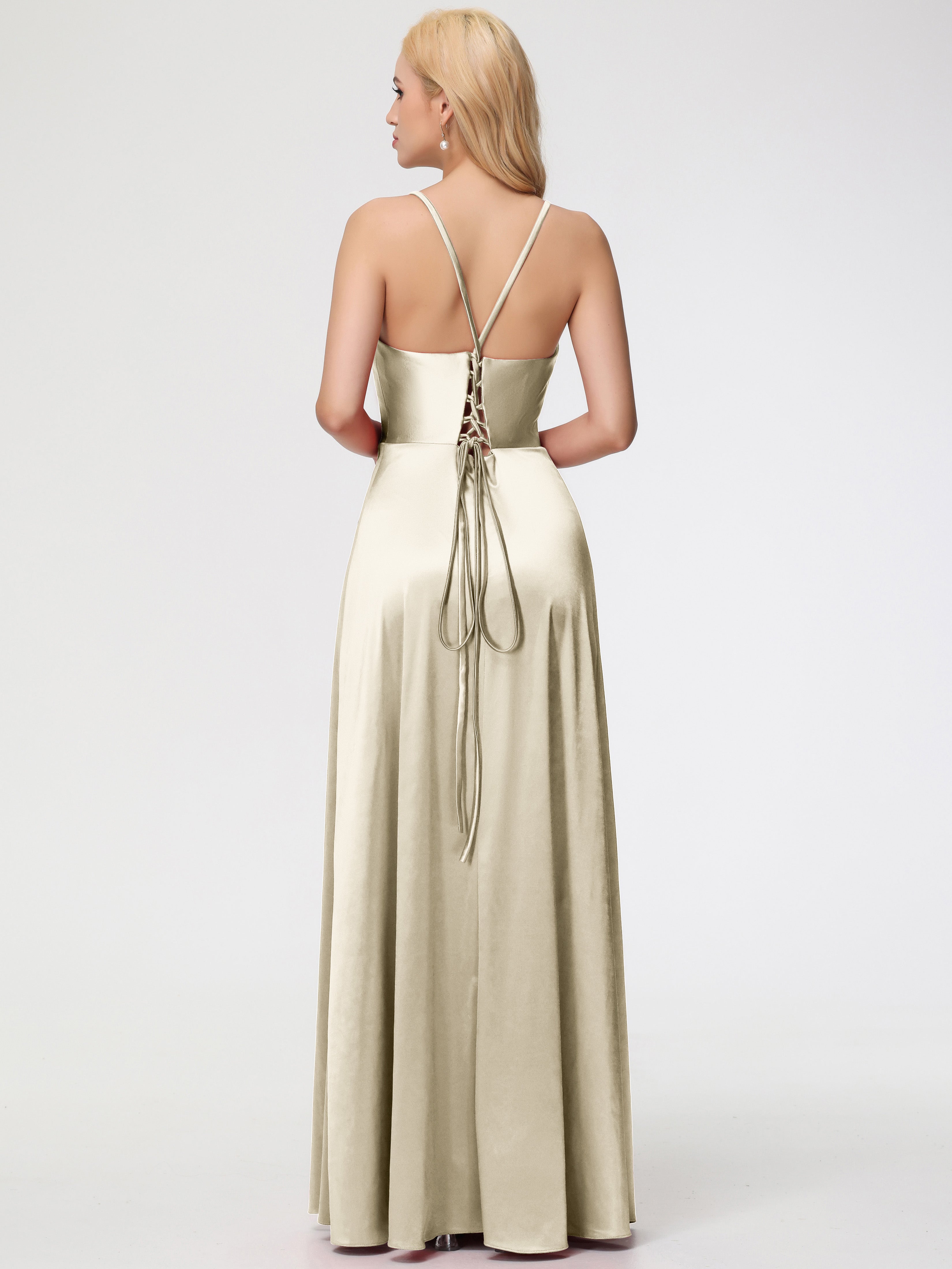 Robes De Demoiselle D'Honneur Champagne Longues Bretelles Croisées Col V Fendue Satin Extensible Robe De Demoiselle D'Honneur