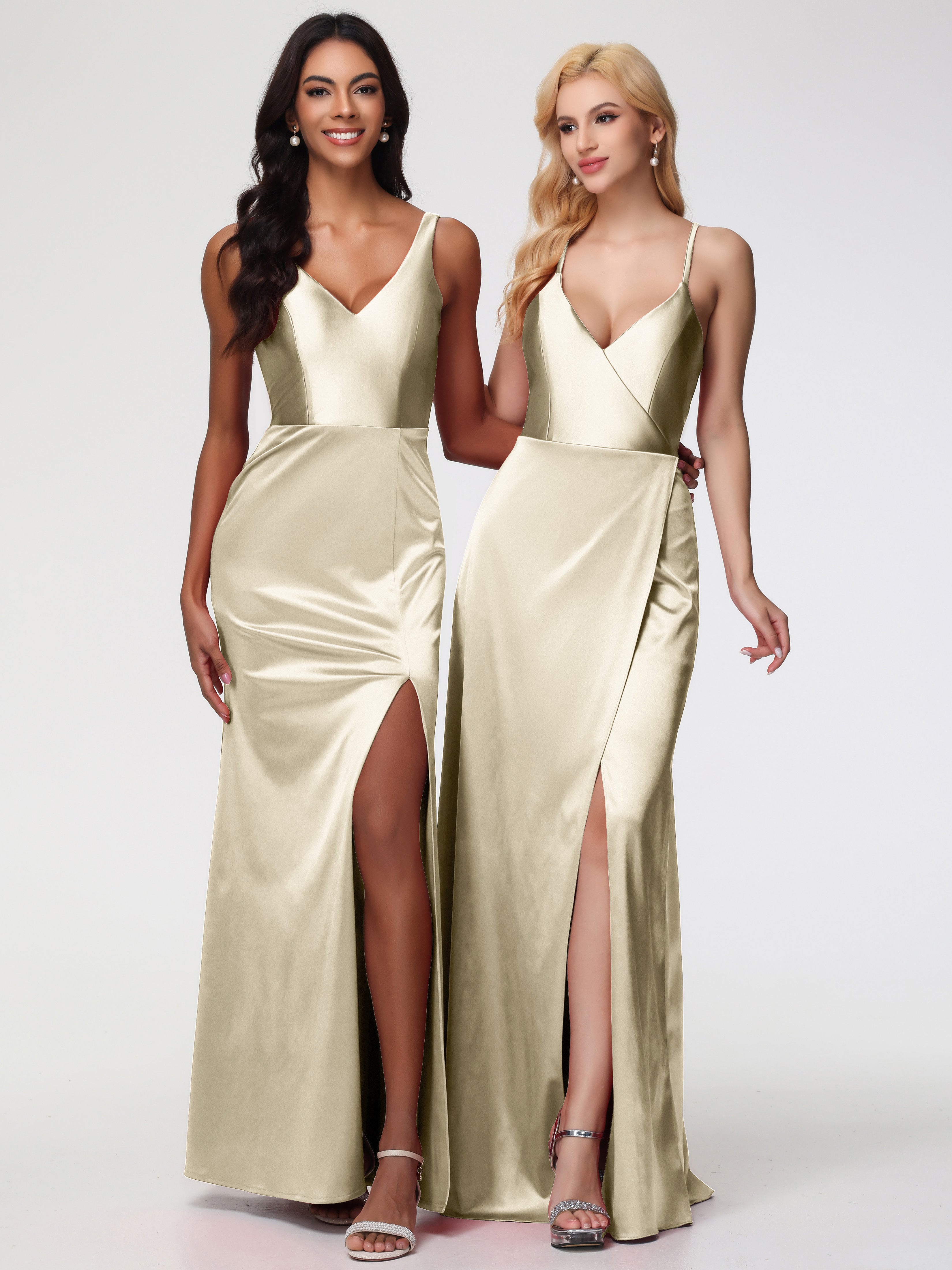Robes De Demoiselle D'Honneur Champagne Longues Bretelles Croisées Col V Fendue Satin Extensible Robe De Demoiselle D'Honneur