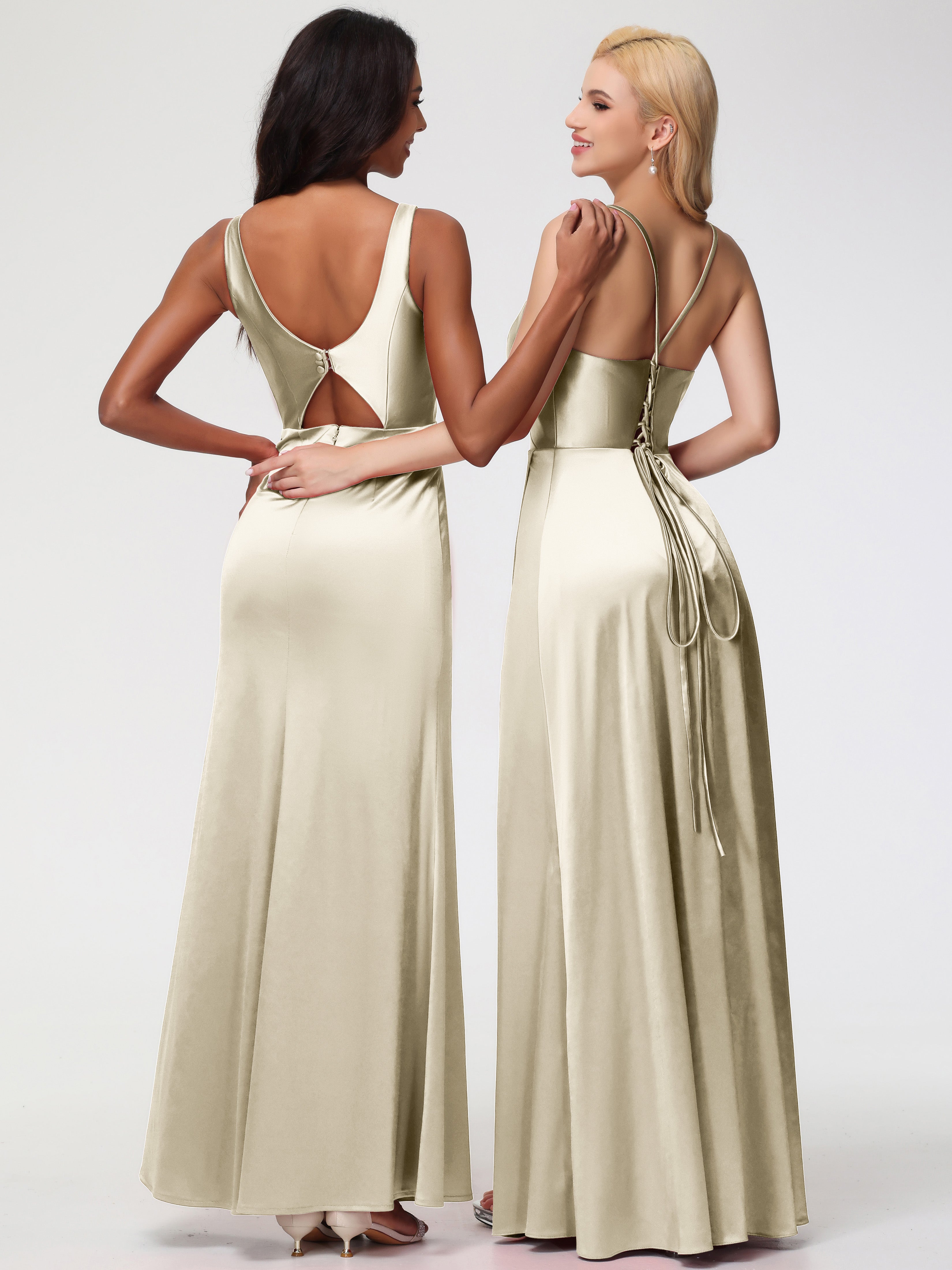Robes De Demoiselle D'Honneur Champagne Longues Bretelles Croisées Col V Fendue Satin Extensible Robe De Demoiselle D'Honneur