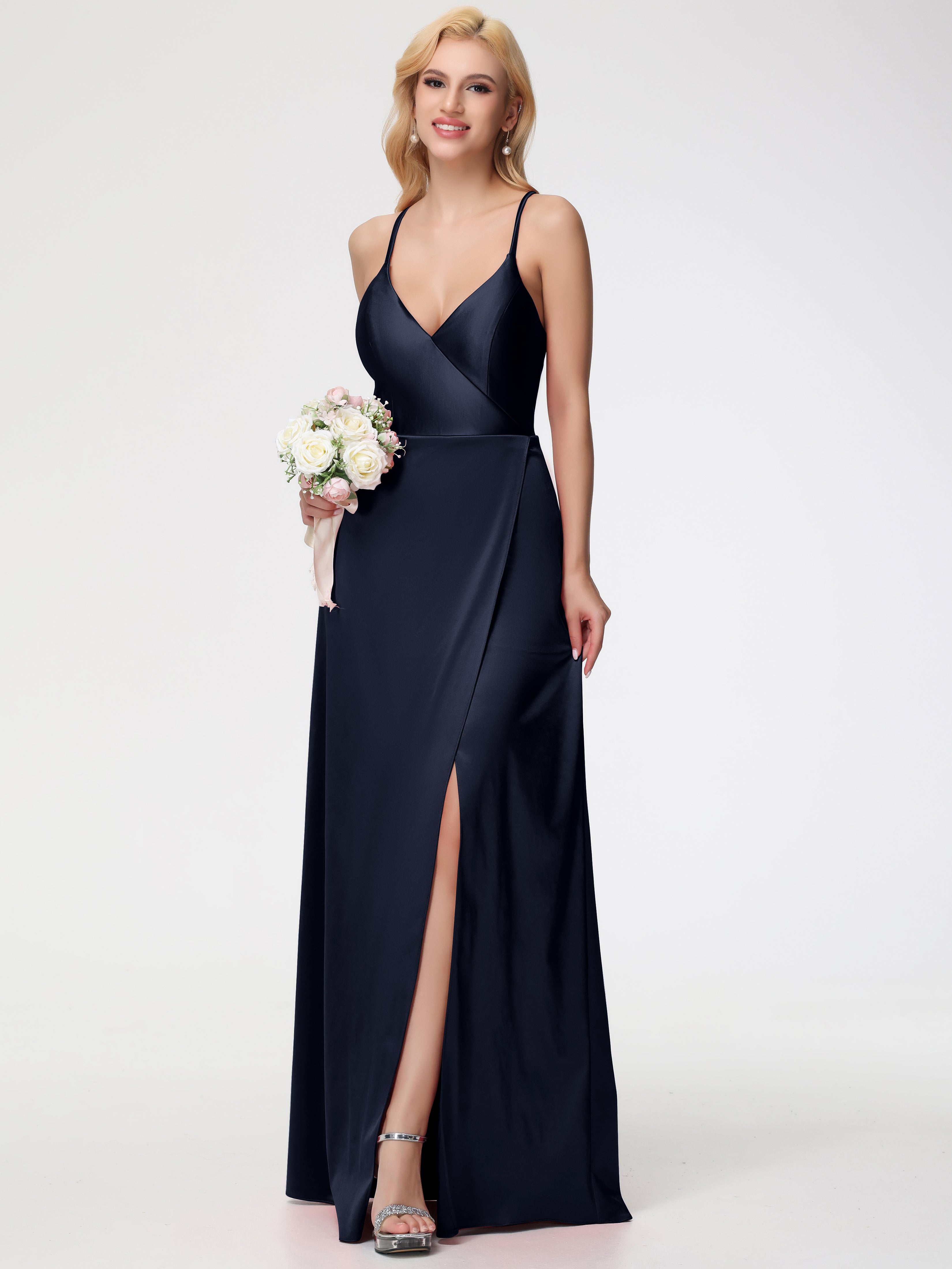 Robes De Demoiselle D'Honneur Bleu Marine Bretelles Croisées Col V Fendue Satin Extensible Robe De Demoiselle D'Honneur