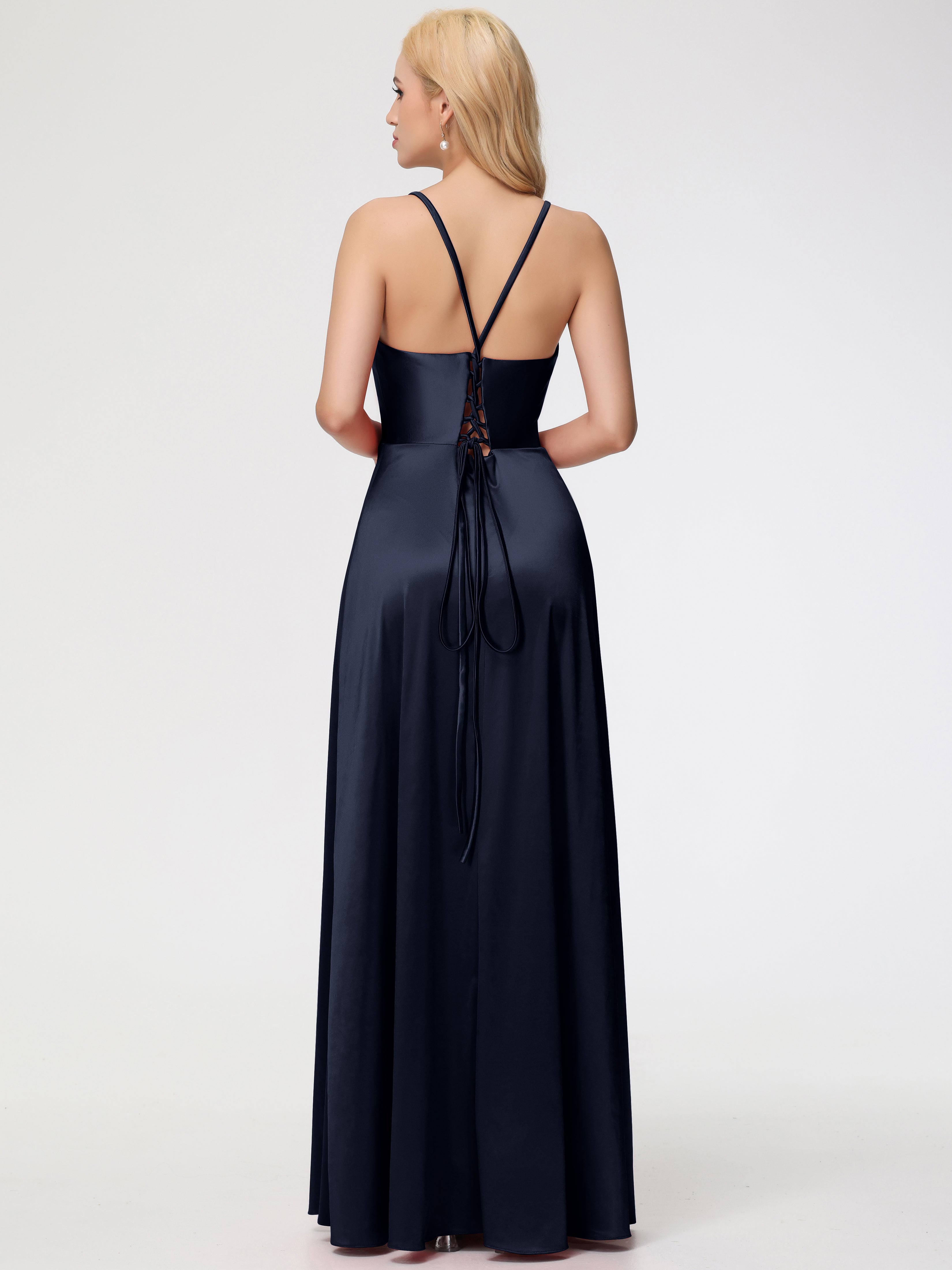 Robes De Demoiselle D'Honneur Bleu Marine Bretelles Croisées Col V Fendue Satin Extensible Robe De Demoiselle D'Honneur