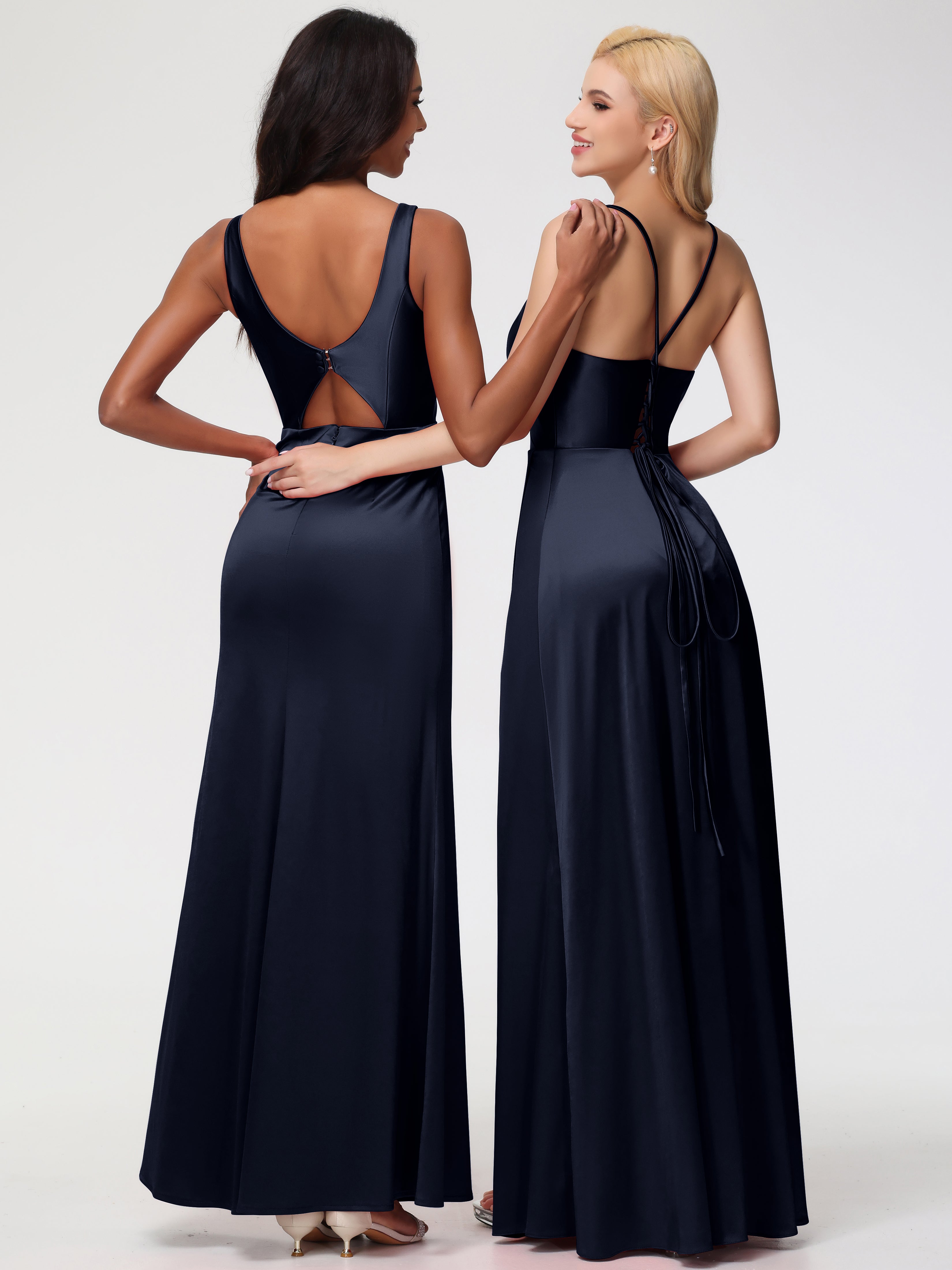 Robes De Demoiselle D'Honneur Bleu Marine Bretelles Croisées Col V Fendue Satin Extensible Robe De Demoiselle D'Honneur