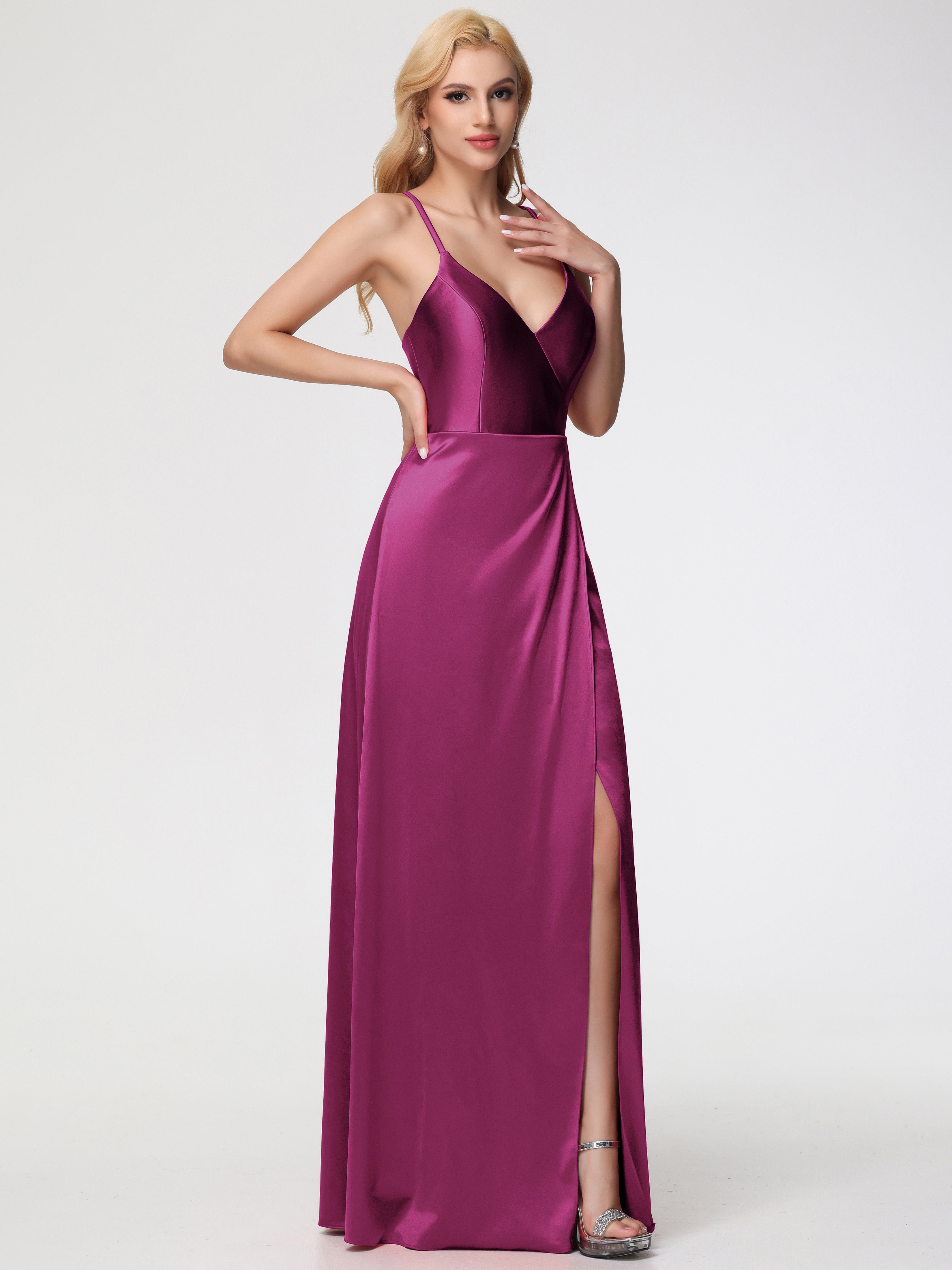Robes De Demoiselle D'Honneur Couleur Rose Fuchsia Bretelles Croisées Col V Fendue Satin Extensible Robe De Demoiselle D'Honneur