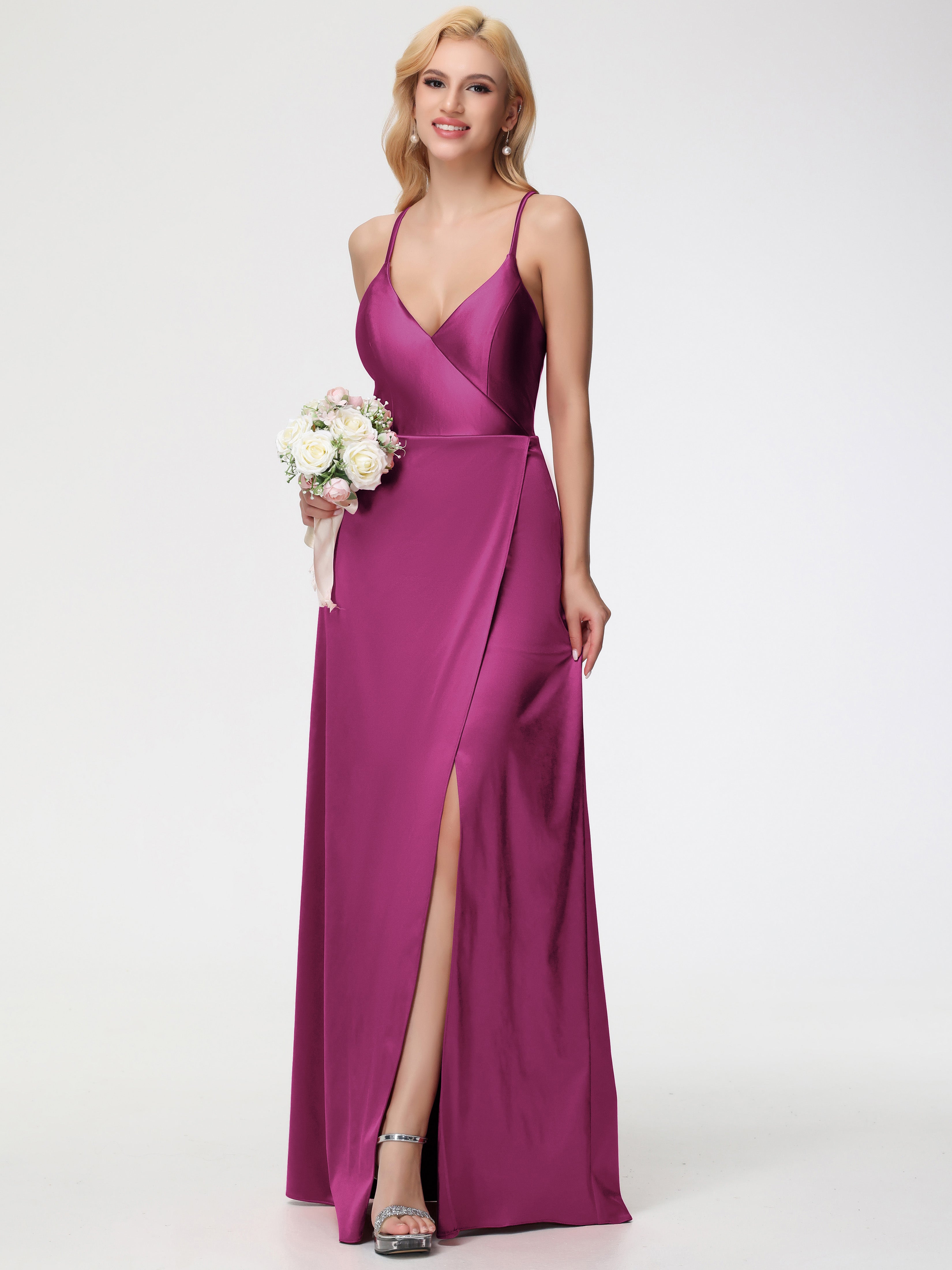 Robes De Demoiselle D'Honneur Couleur Rose Fuchsia Bretelles Croisées Col V Fendue Satin Extensible Robe De Demoiselle D'Honneur