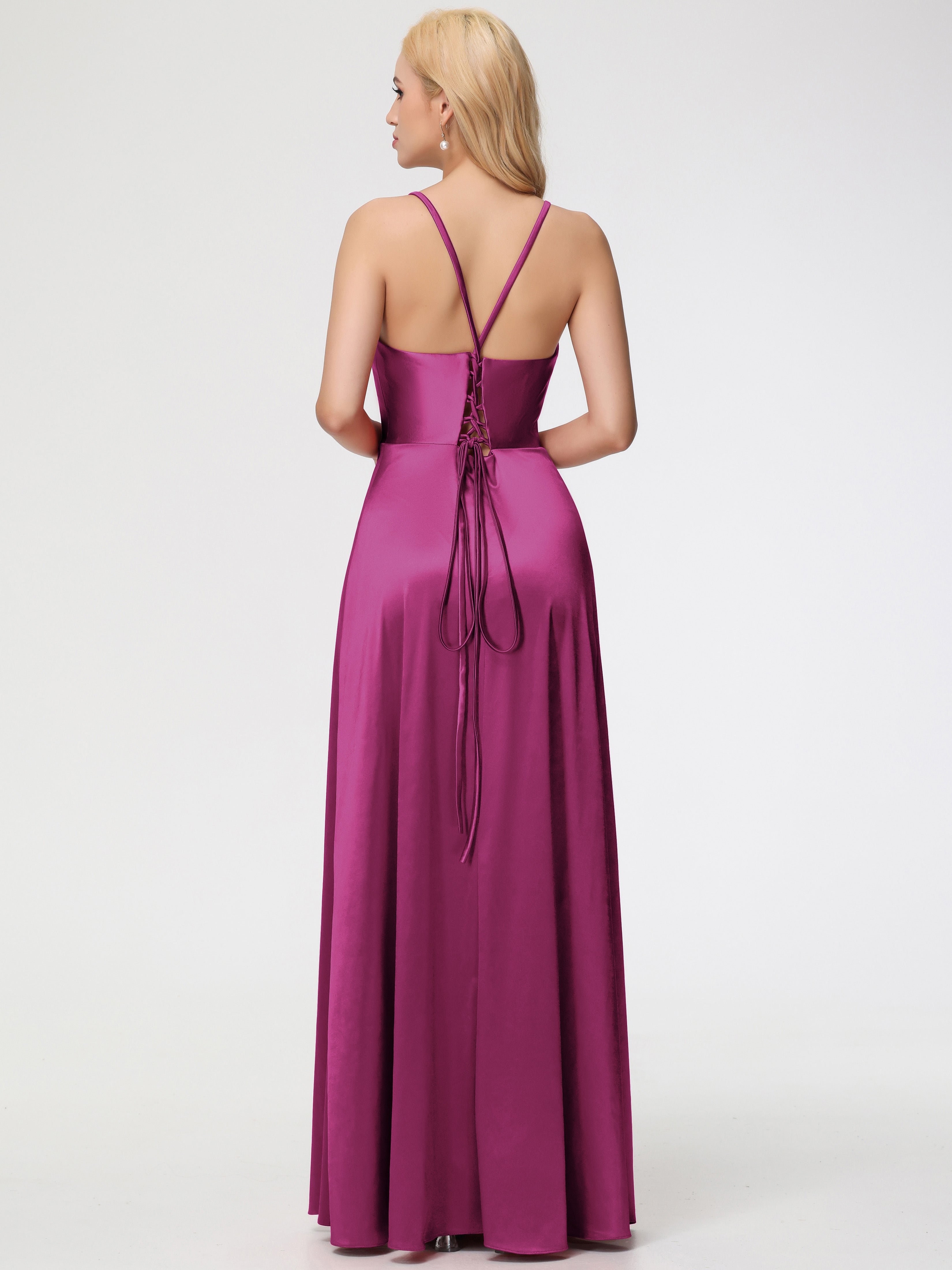 Robes De Demoiselle D'Honneur Couleur Rose Fuchsia Bretelles Croisées Col V Fendue Satin Extensible Robe De Demoiselle D'Honneur