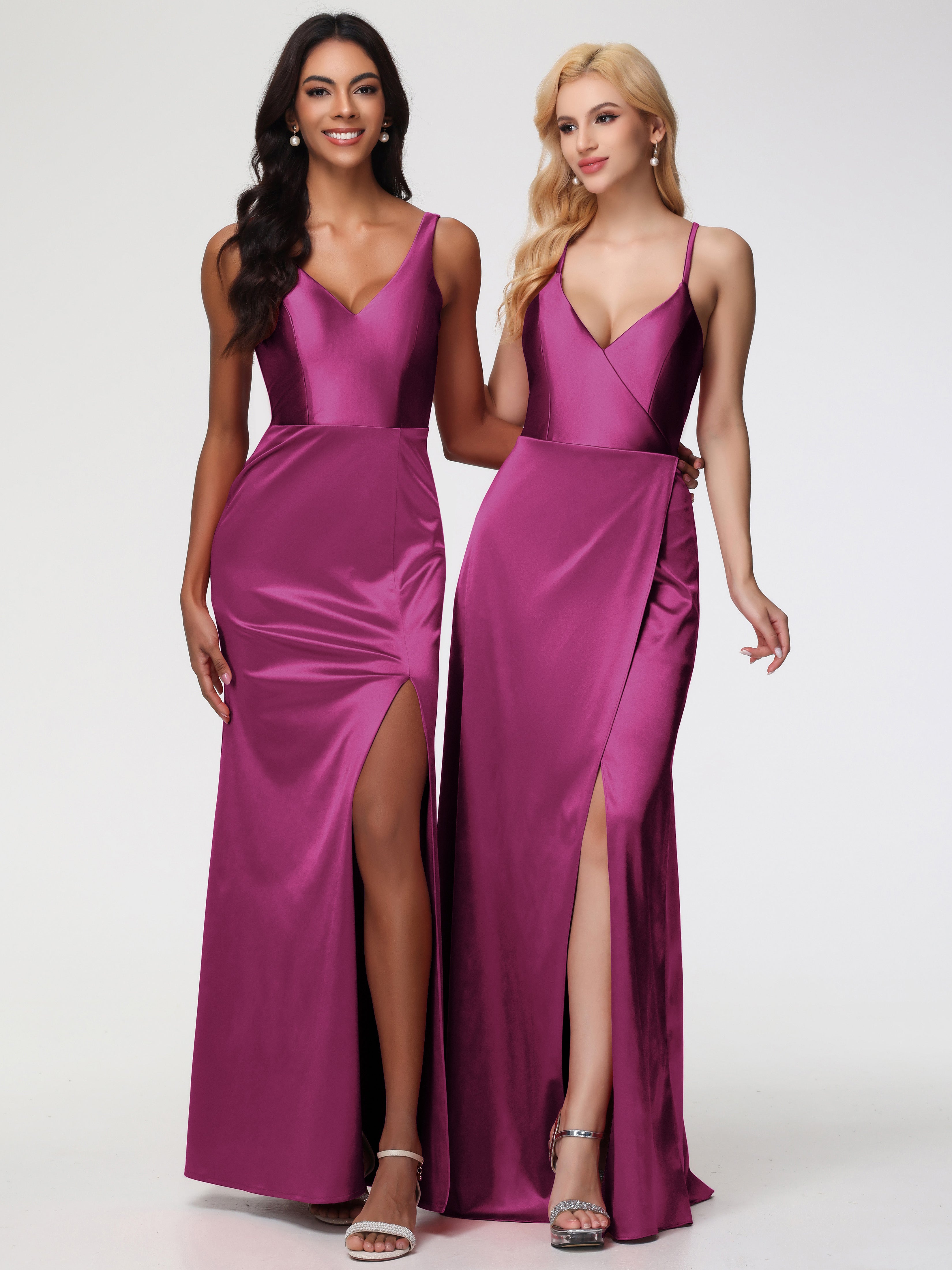 Robes De Demoiselle D'Honneur Couleur Rose Fuchsia Bretelles Croisées Col V Fendue Satin Extensible Robe De Demoiselle D'Honneur