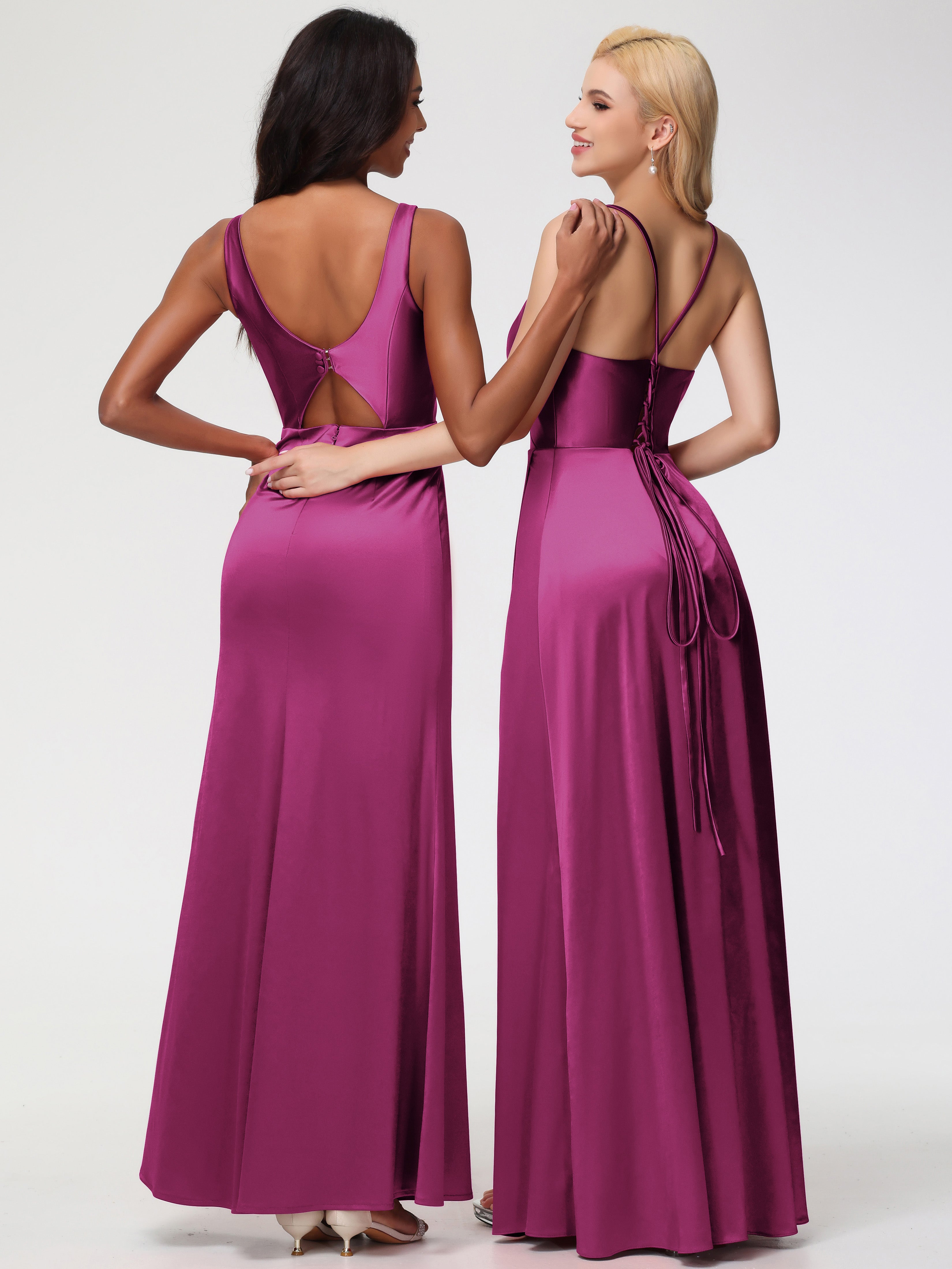 Robes De Demoiselle D'Honneur Couleur Rose Fuchsia Bretelles Croisées Col V Fendue Satin Extensible Robe De Demoiselle D'Honneur