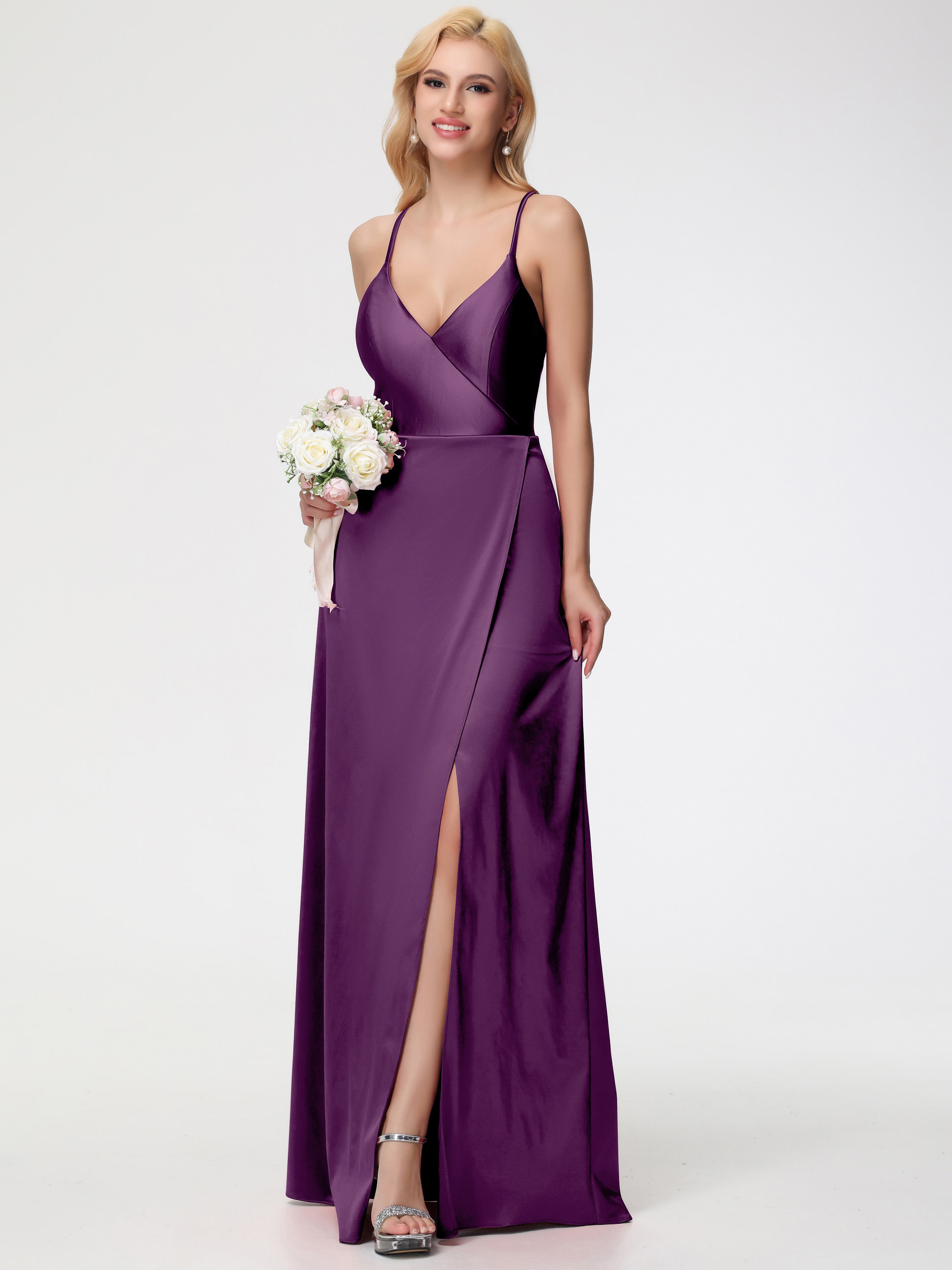 Robes De Demoiselle D'Honneur En Raisin Bretelles Croisées Col V Fendue Satin Extensible Robe De Demoiselle D'Honneur