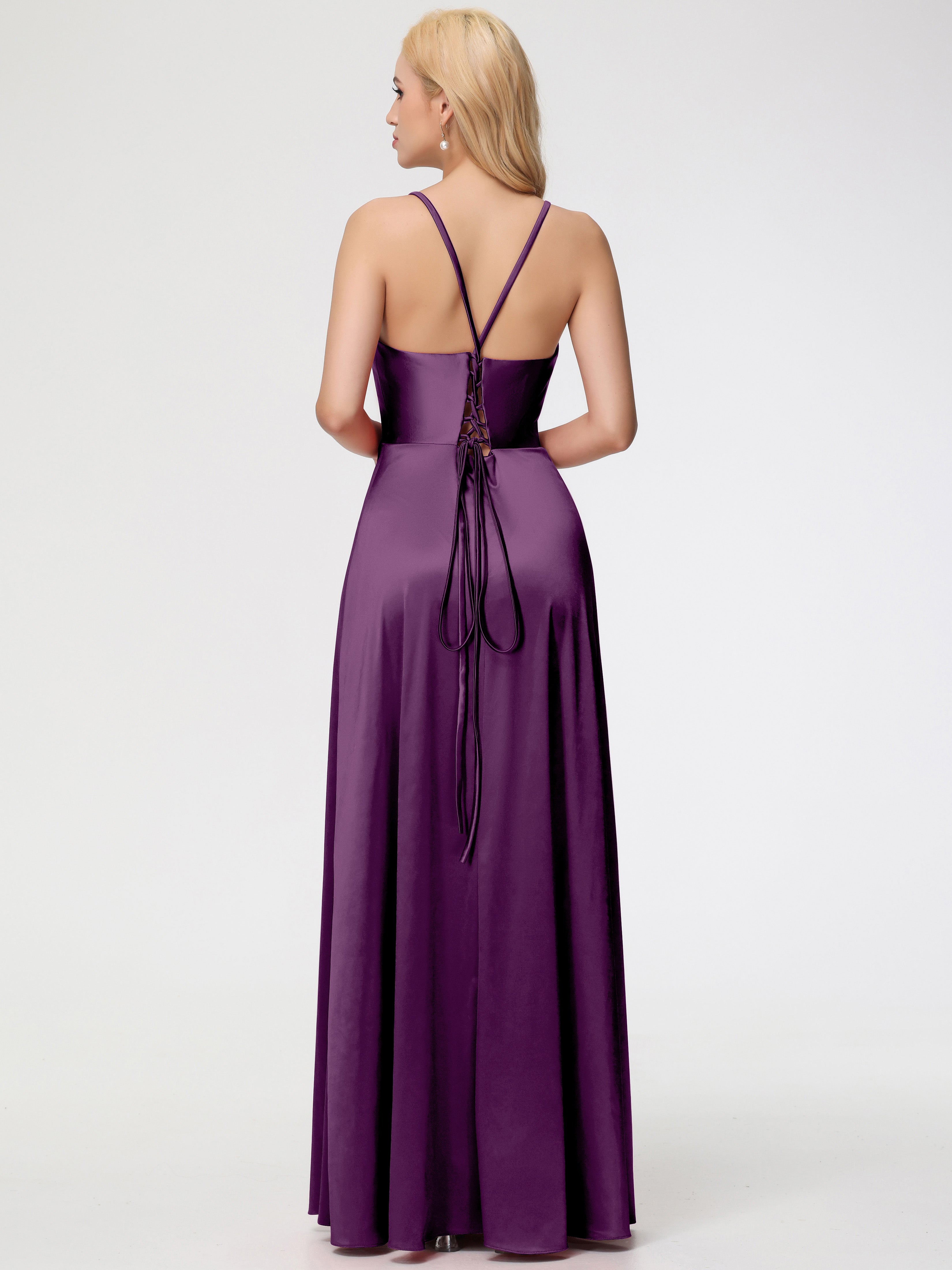 Robes De Demoiselle D'Honneur En Raisin Bretelles Croisées Col V Fendue Satin Extensible Robe De Demoiselle D'Honneur