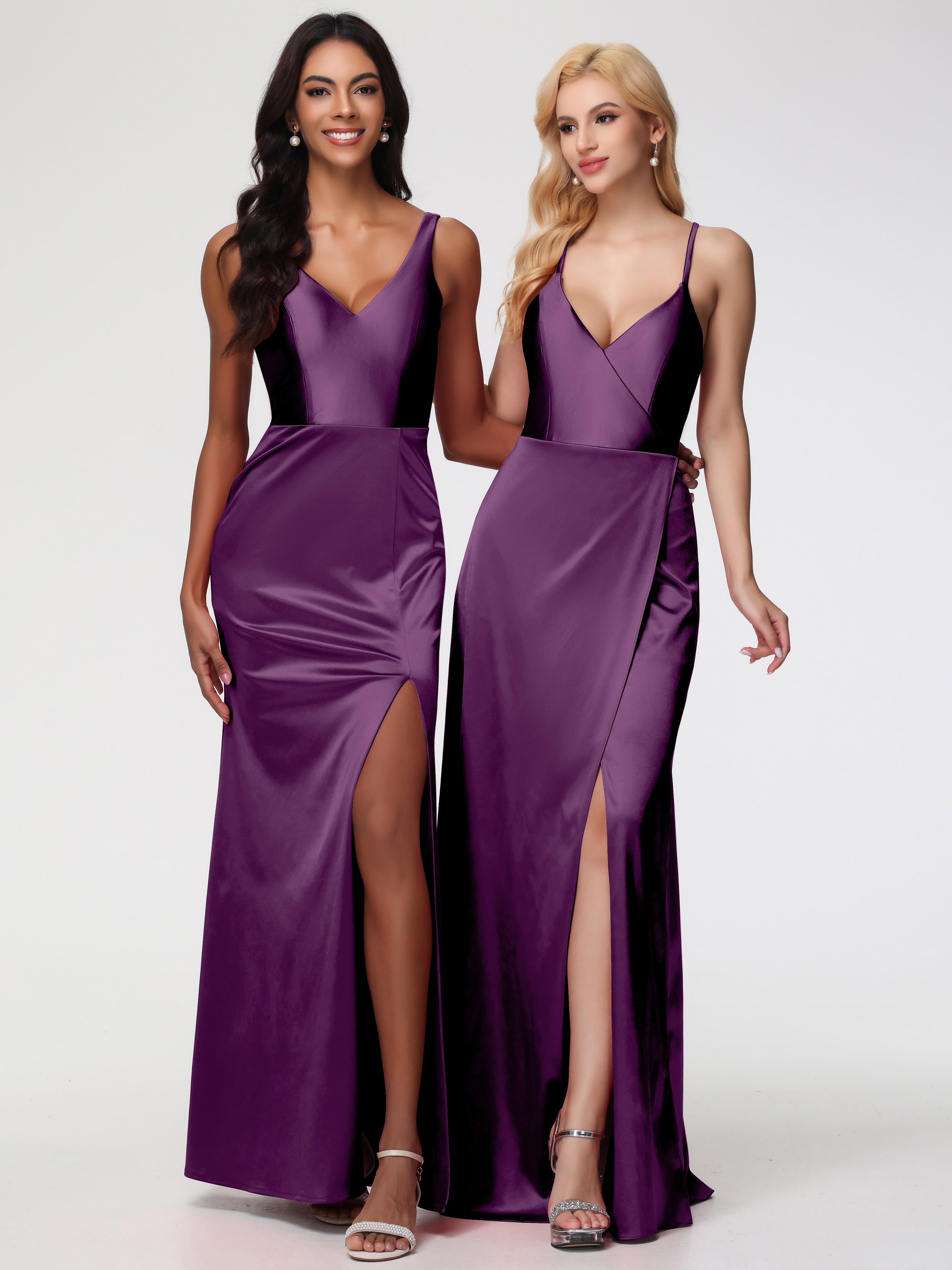 Robes De Demoiselle D'Honneur En Raisin Bretelles Croisées Col V Fendue Satin Extensible Robe De Demoiselle D'Honneur
