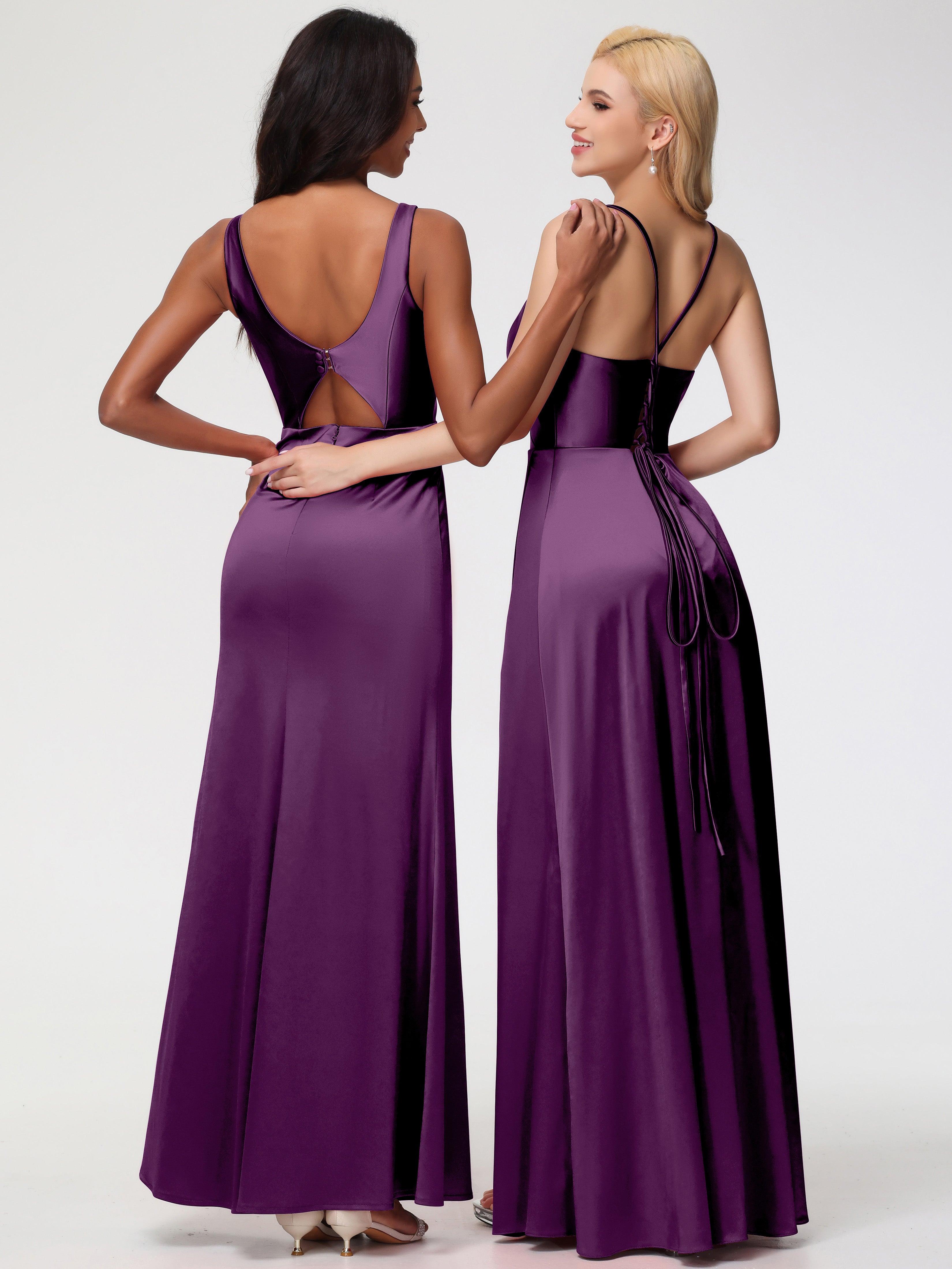 Robes De Demoiselle D'Honneur En Raisin Bretelles Croisées Col V Fendue Satin Extensible Robe De Demoiselle D'Honneur
