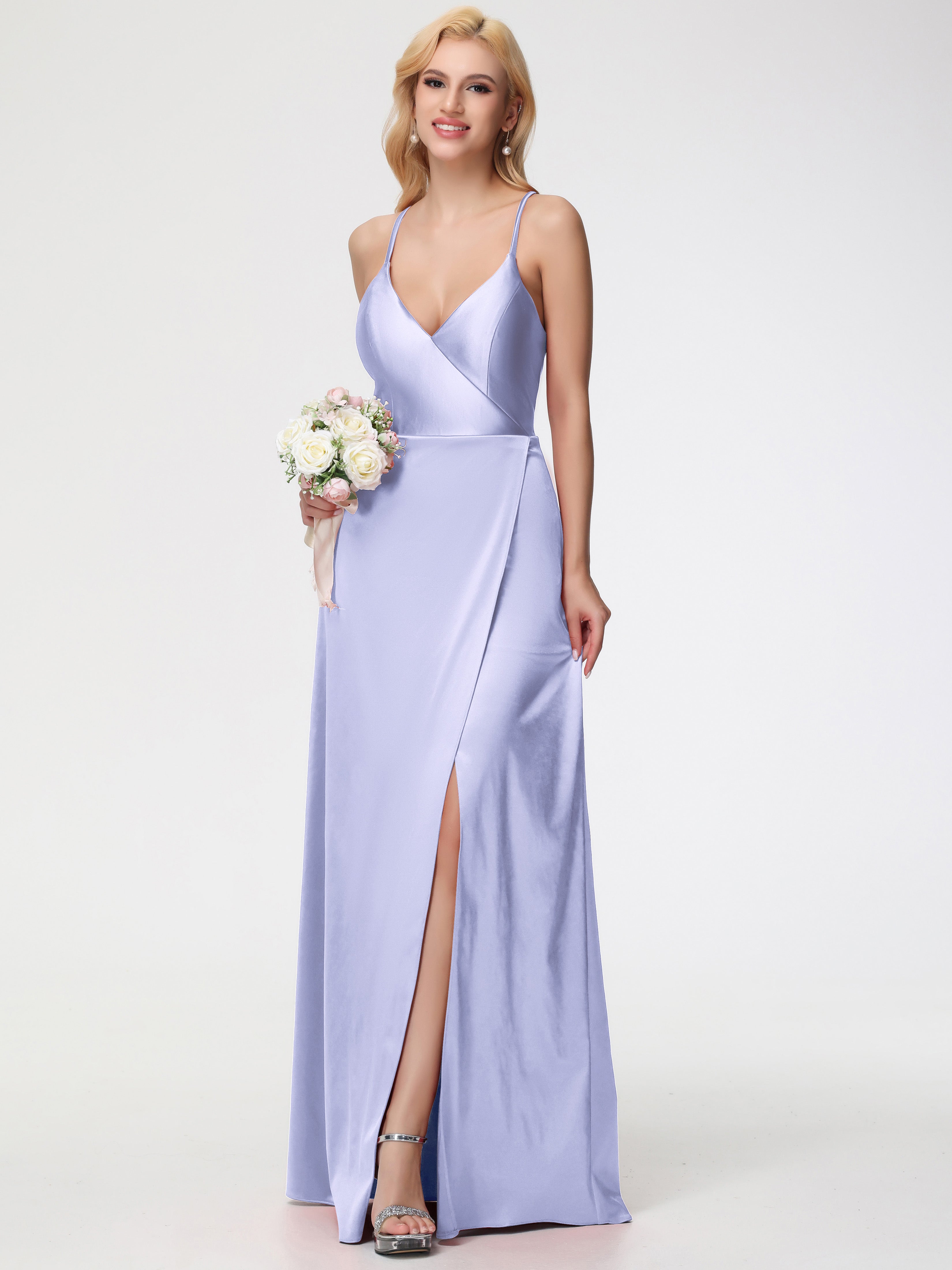 Robes De Demoiselle D'Honneur Lavande Pas Cher Bretelles Croisées Col V Fendue Satin Extensible Robe De Demoiselle D'Honneur