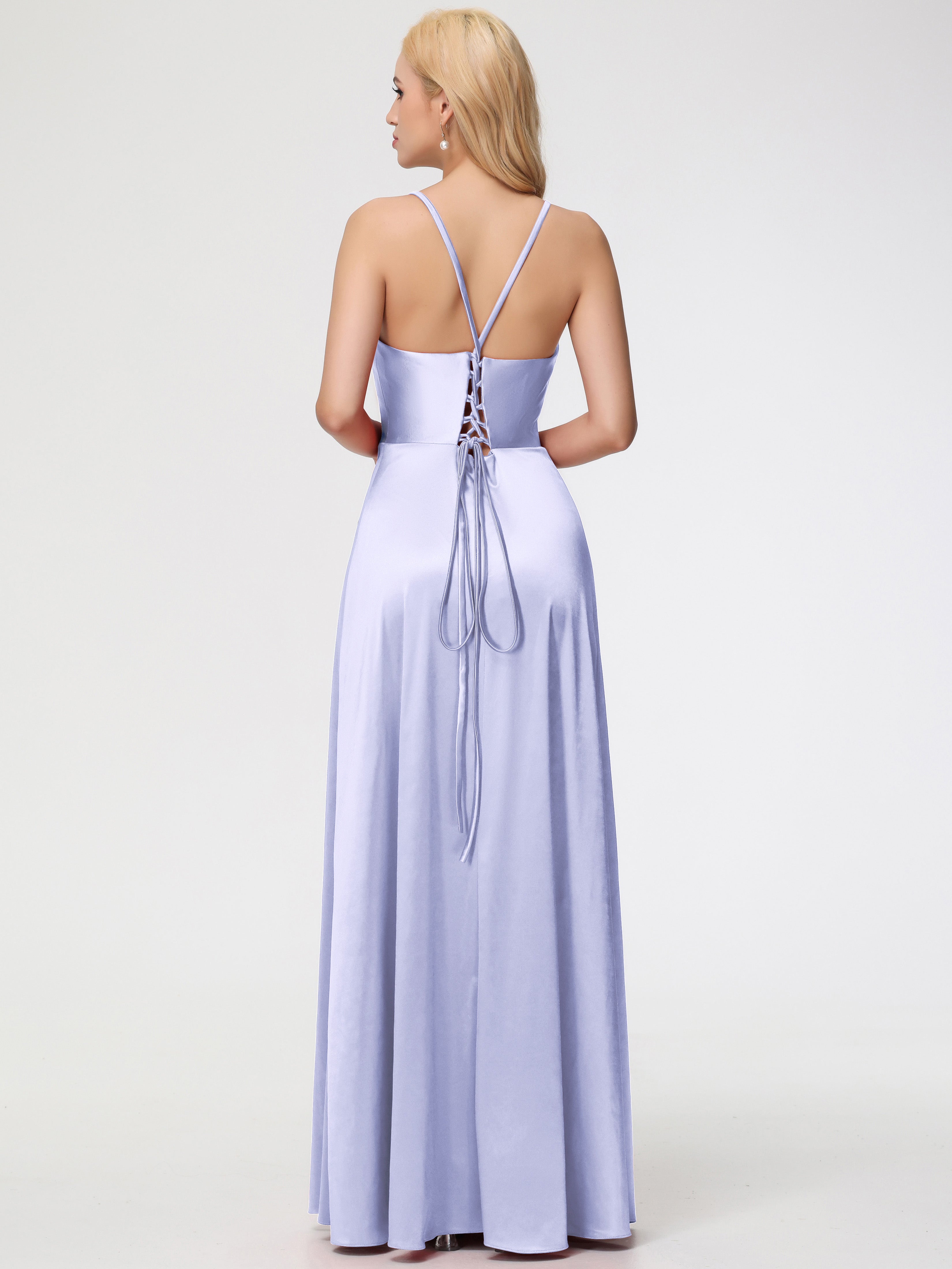 Robes De Demoiselle D'Honneur Lavande Pas Cher Bretelles Croisées Col V Fendue Satin Extensible Robe De Demoiselle D'Honneur