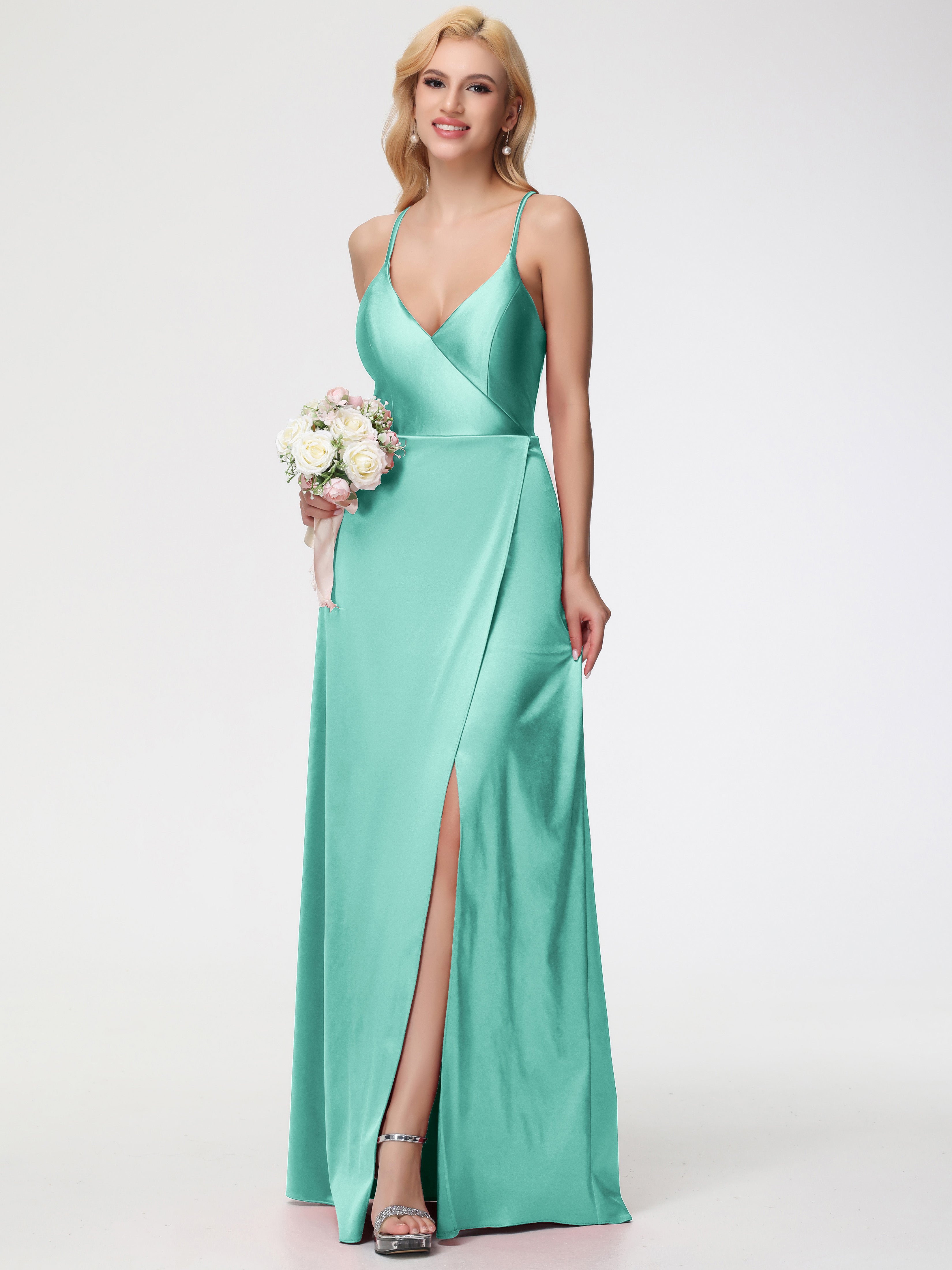 Robes De Demoiselle D'Honneur Vert Menthe Bretelles Croisées Col V Fendue Satin Extensible Robe De Demoiselle D'Honneur