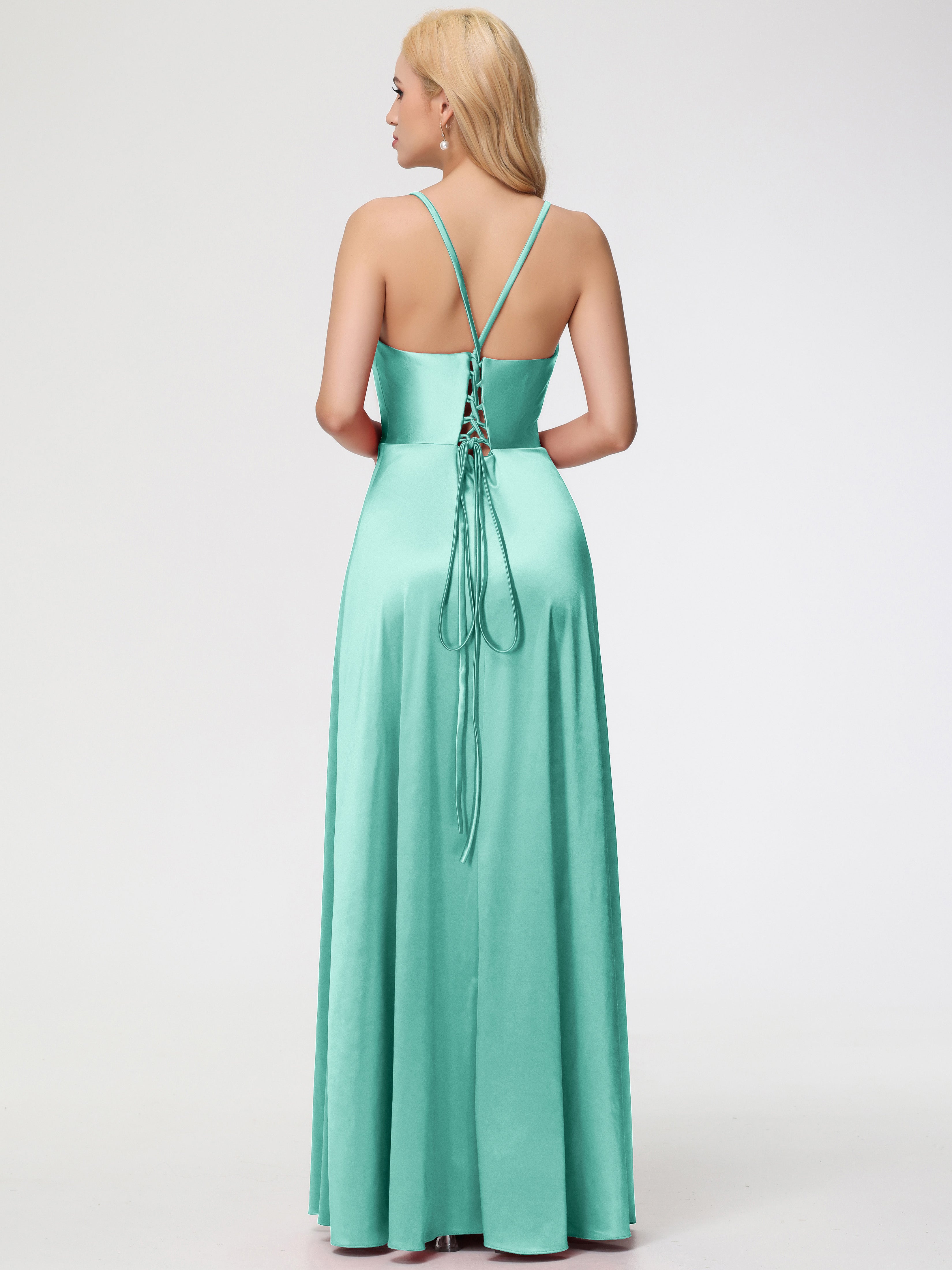 Robes De Demoiselle D'Honneur Vert Menthe Bretelles Croisées Col V Fendue Satin Extensible Robe De Demoiselle D'Honneur