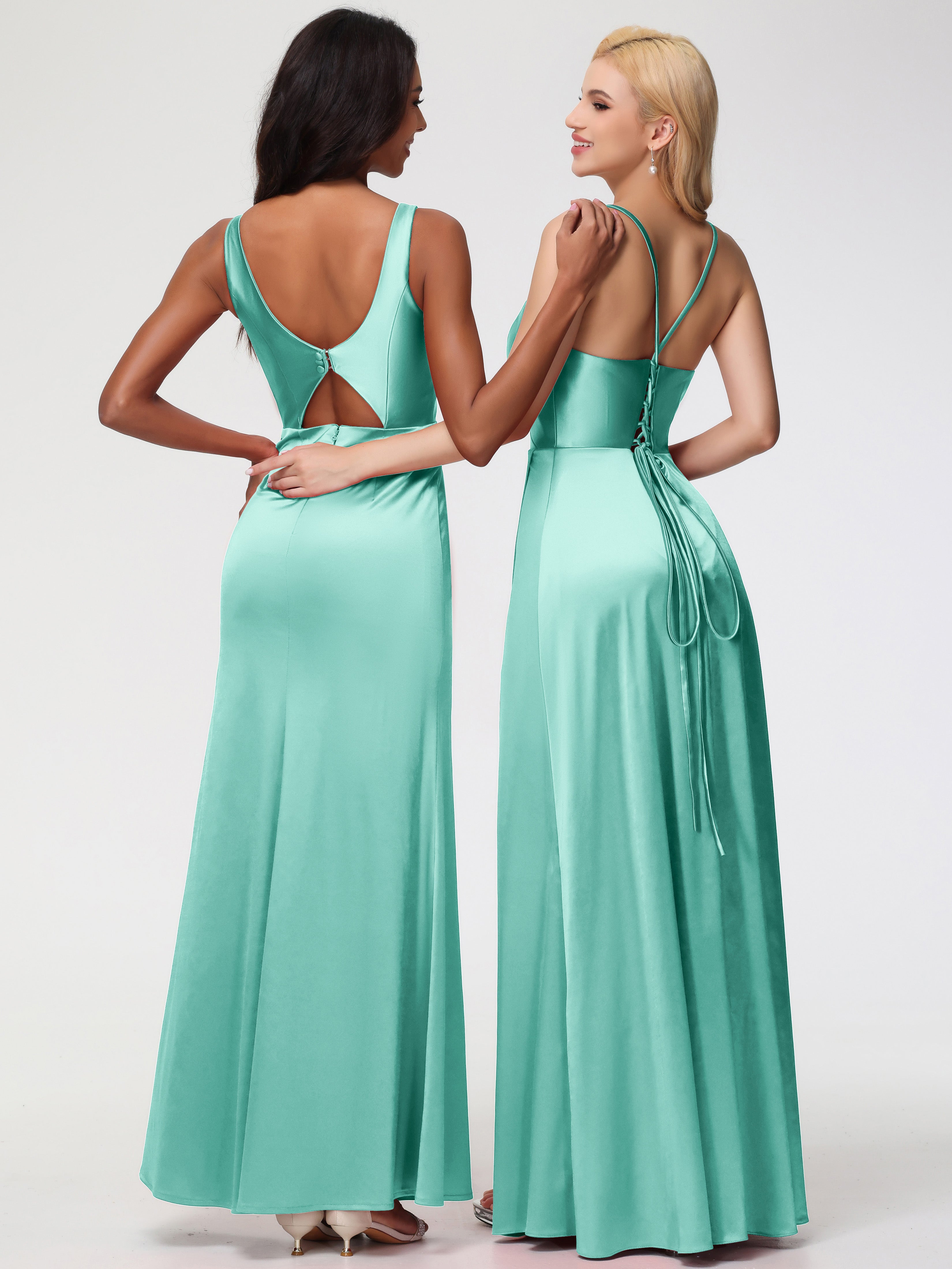 Robes De Demoiselle D'Honneur Vert Menthe Bretelles Croisées Col V Fendue Satin Extensible Robe De Demoiselle D'Honneur