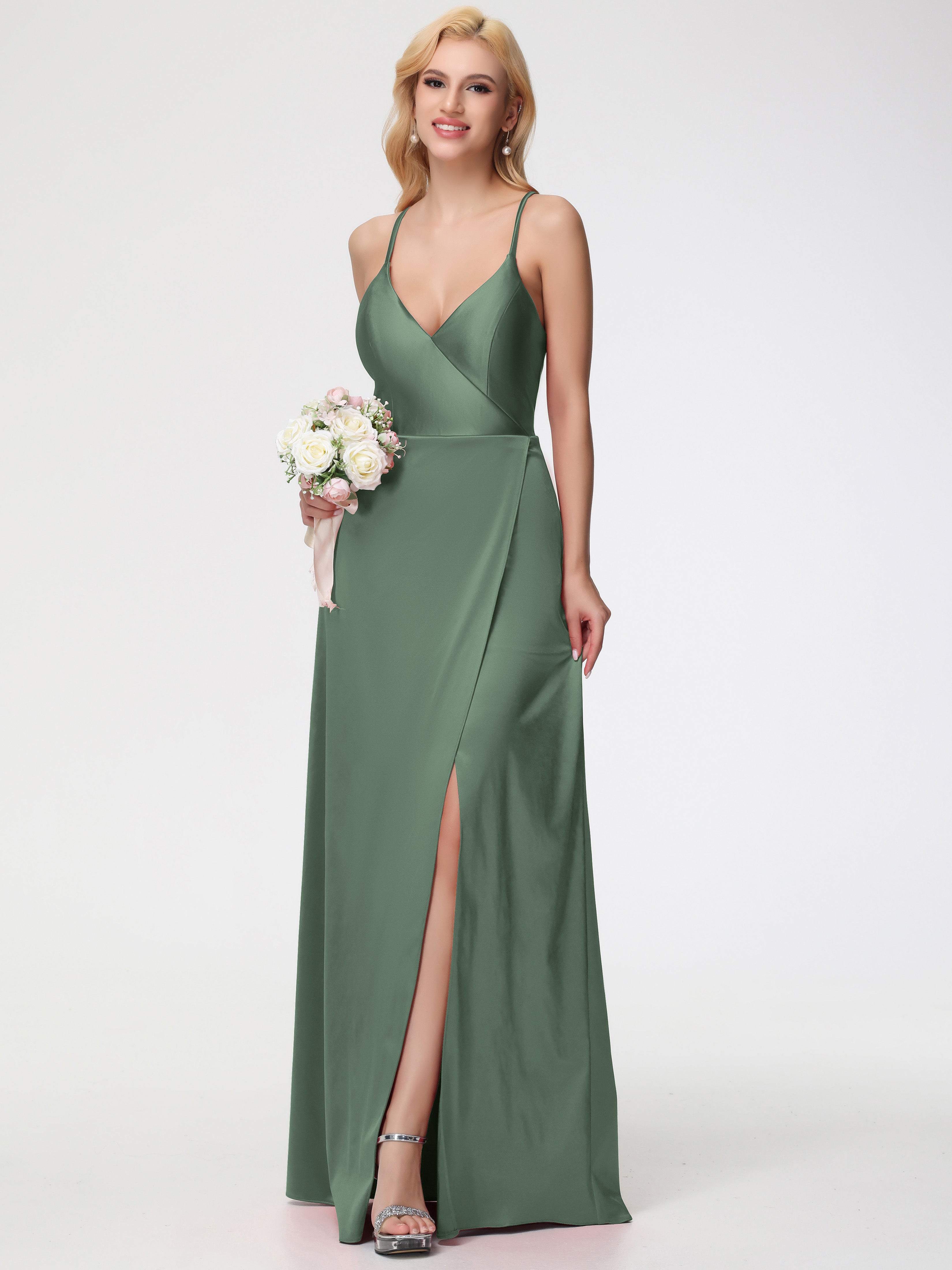 Robes De Demoiselle D'Honneur Vert Olive Bretelles Croisées Col V Fendue Satin Extensible Robe De Demoiselle D'Honneur