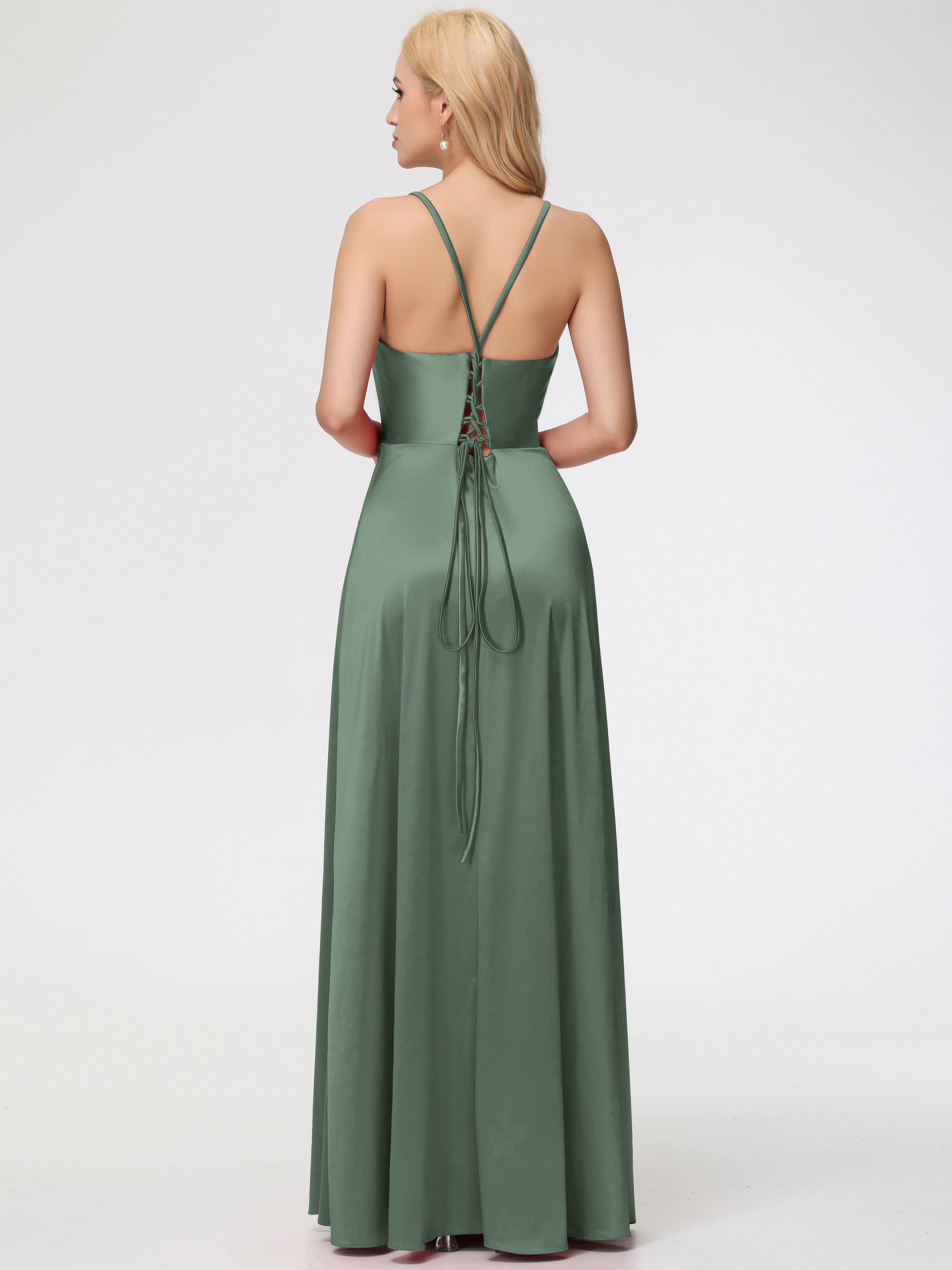 Robes De Demoiselle D'Honneur Vert Olive Bretelles Croisées Col V Fendue Satin Extensible Robe De Demoiselle D'Honneur