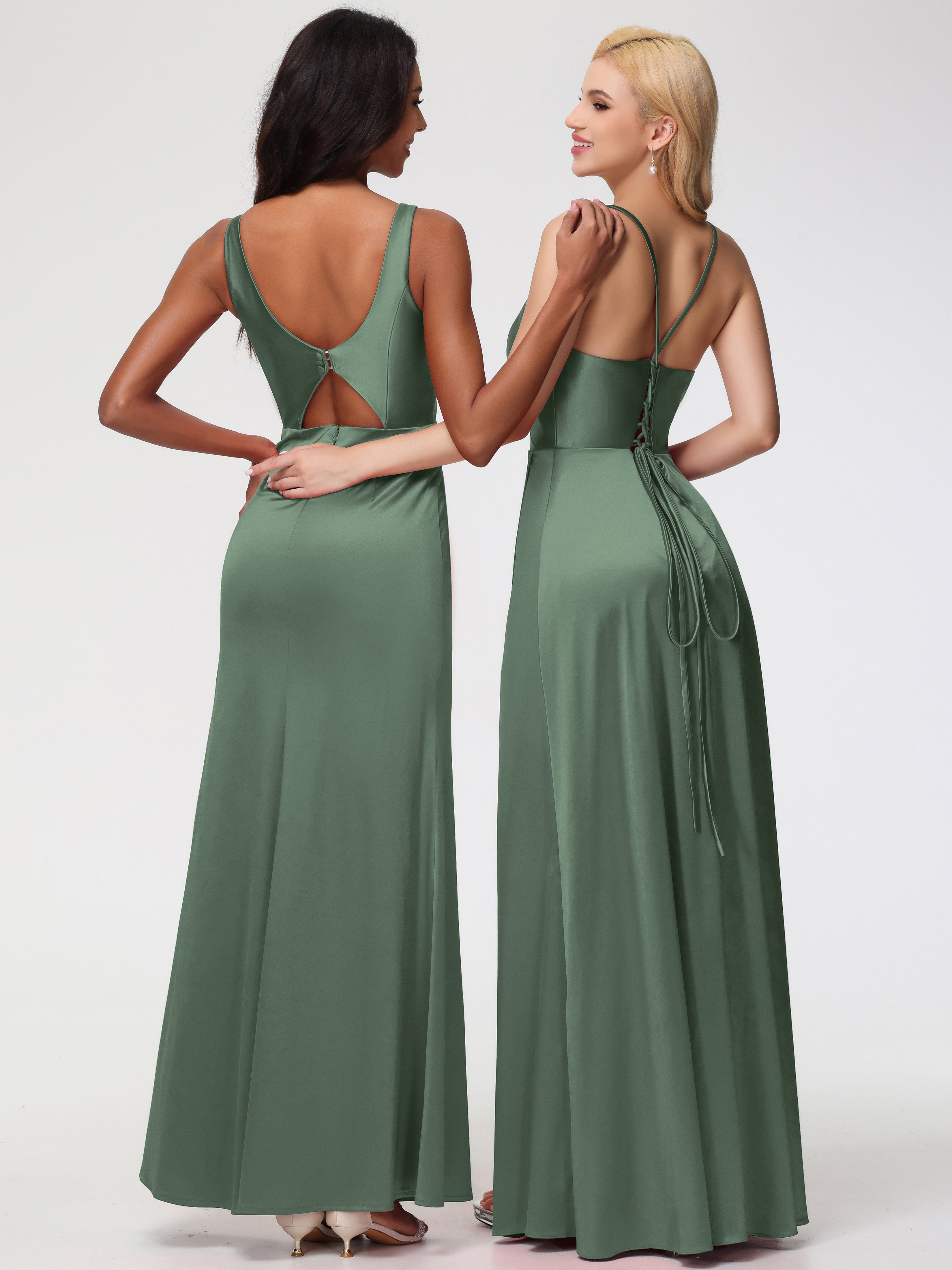 Robes De Demoiselle D'Honneur Vert Olive Bretelles Croisées Col V Fendue Satin Extensible Robe De Demoiselle D'Honneur