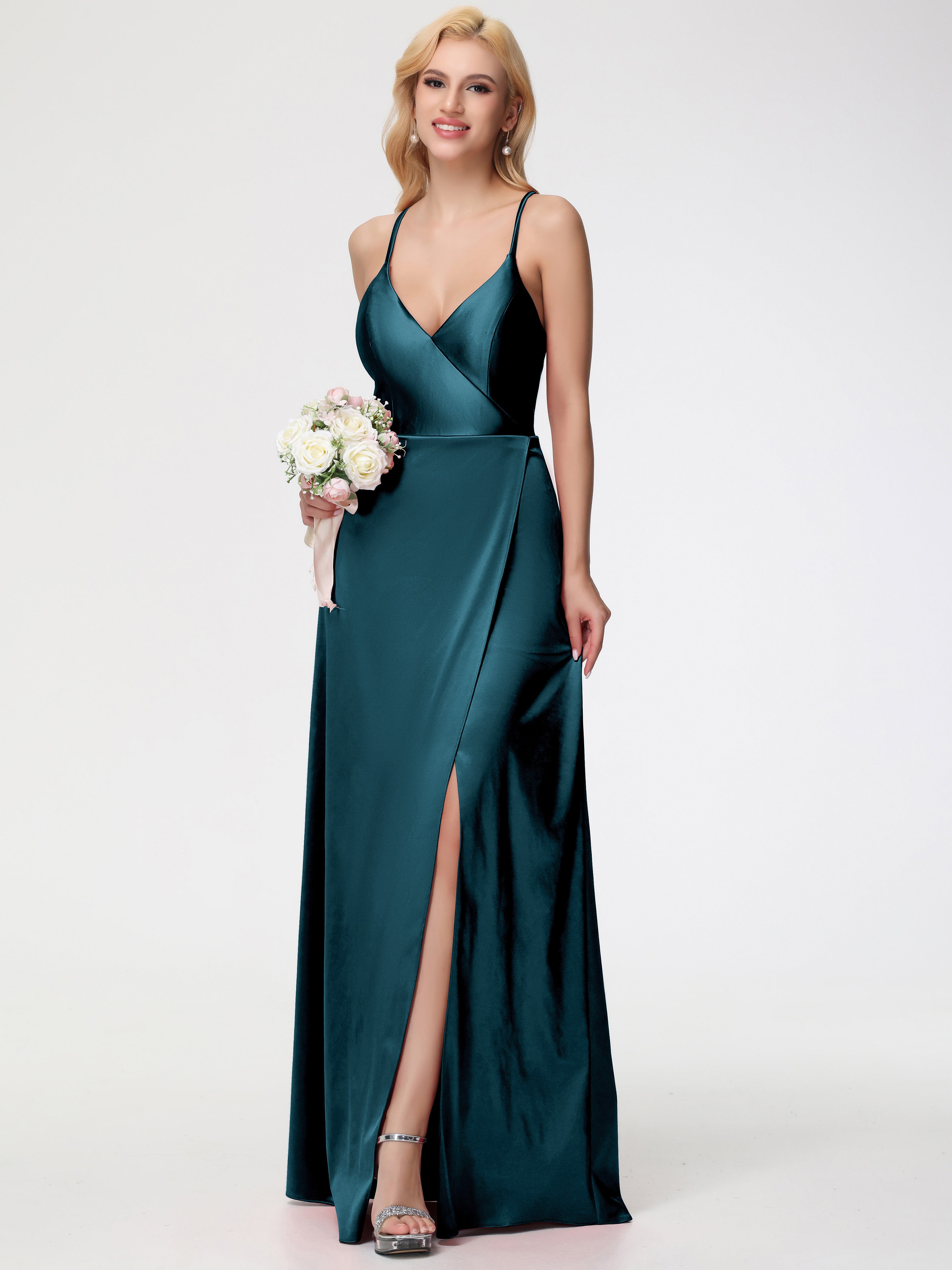 Demoiselle D'Honneur De Paon Bretelles Croisées Col V Fendue Satin Extensible Robe De Demoiselle D'Honneur