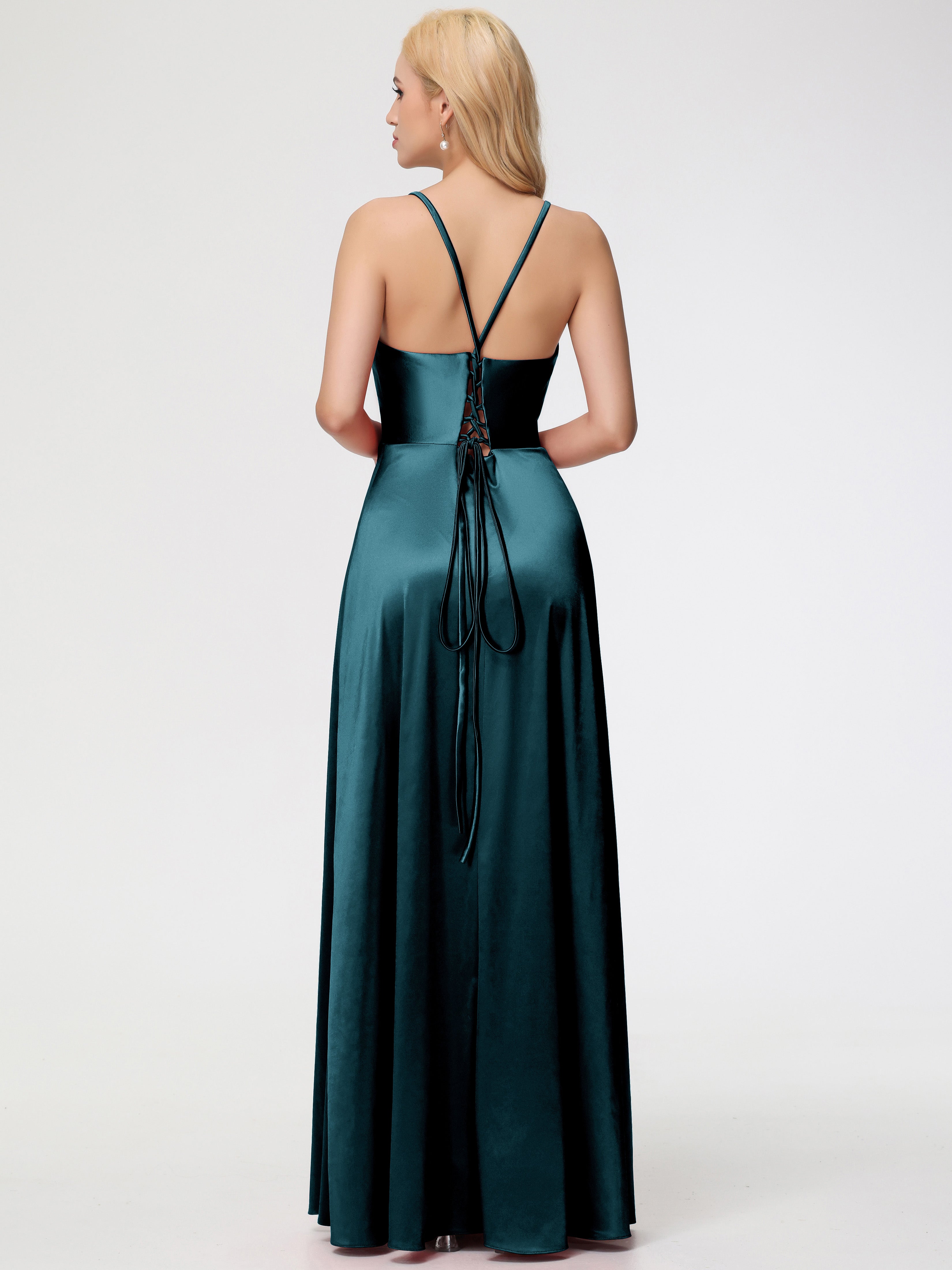 Demoiselle D'Honneur De Paon Bretelles Croisées Col V Fendue Satin Extensible Robe De Demoiselle D'Honneur