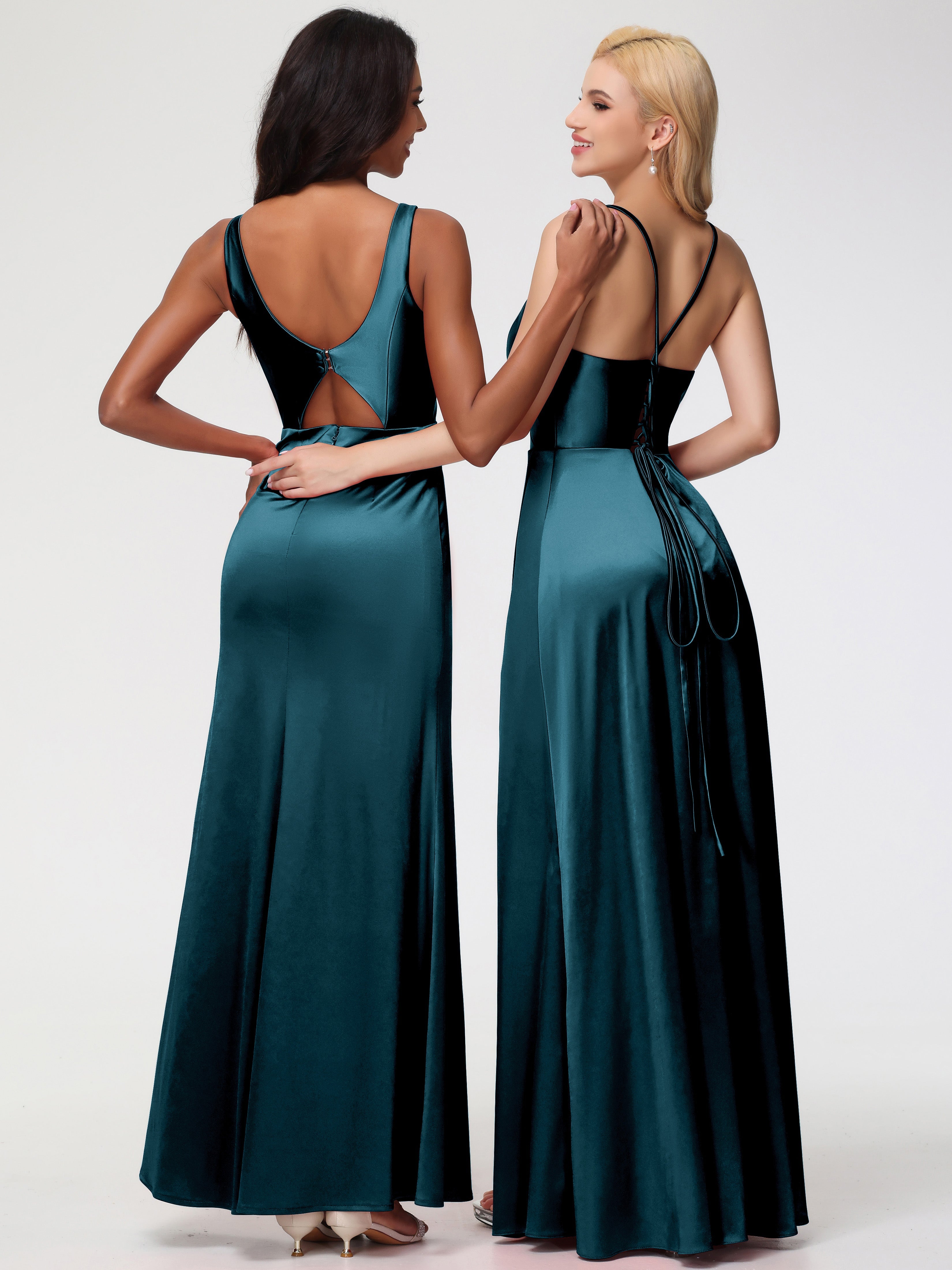 Demoiselle D'Honneur De Paon Bretelles Croisées Col V Fendue Satin Extensible Robe De Demoiselle D'Honneur