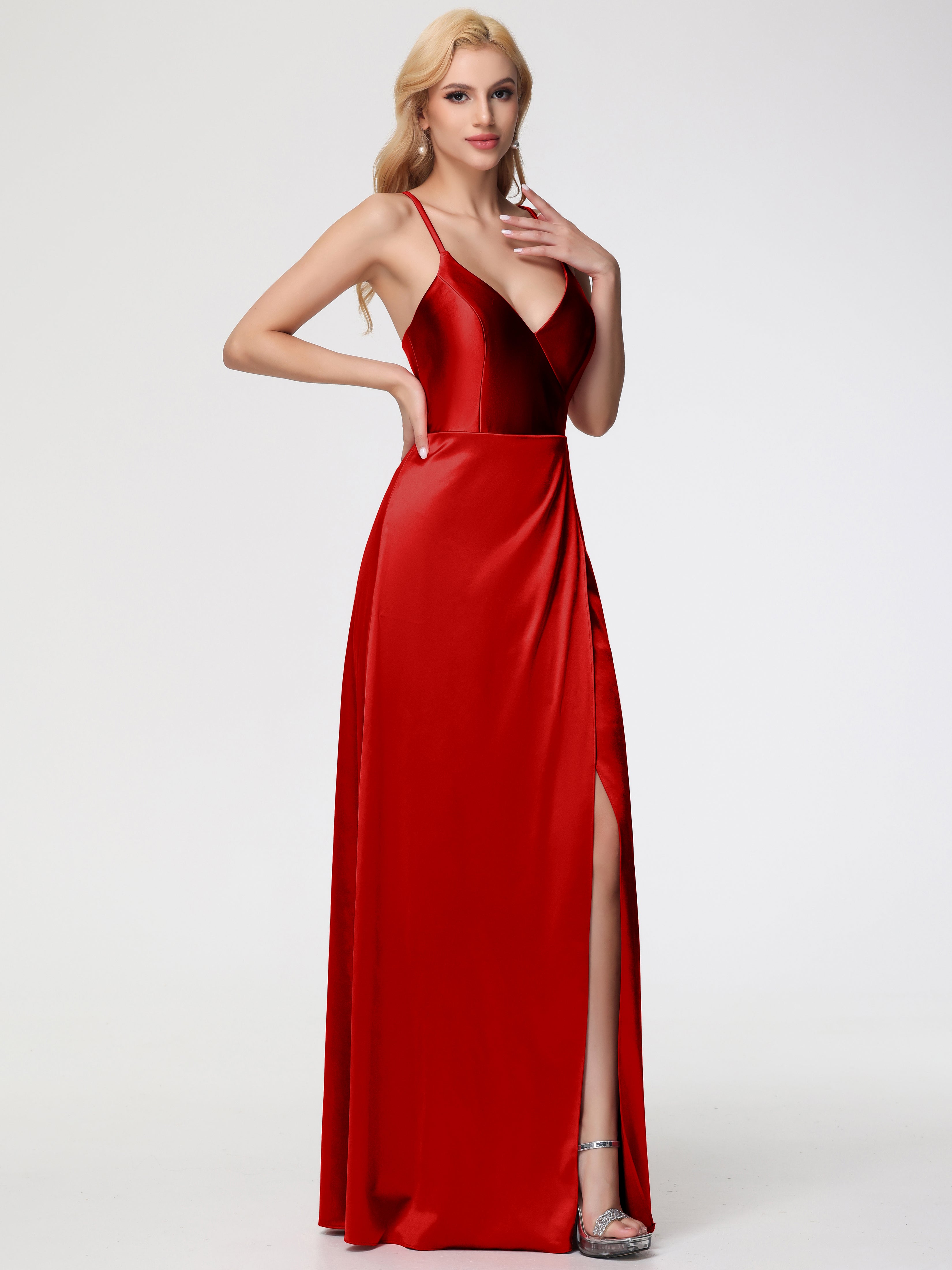 Robes De Demoiselle D'Honneur Rouges Longues Bretelles Croisées Col V Fendue Satin Extensible Robe De Demoiselle D'Honneur