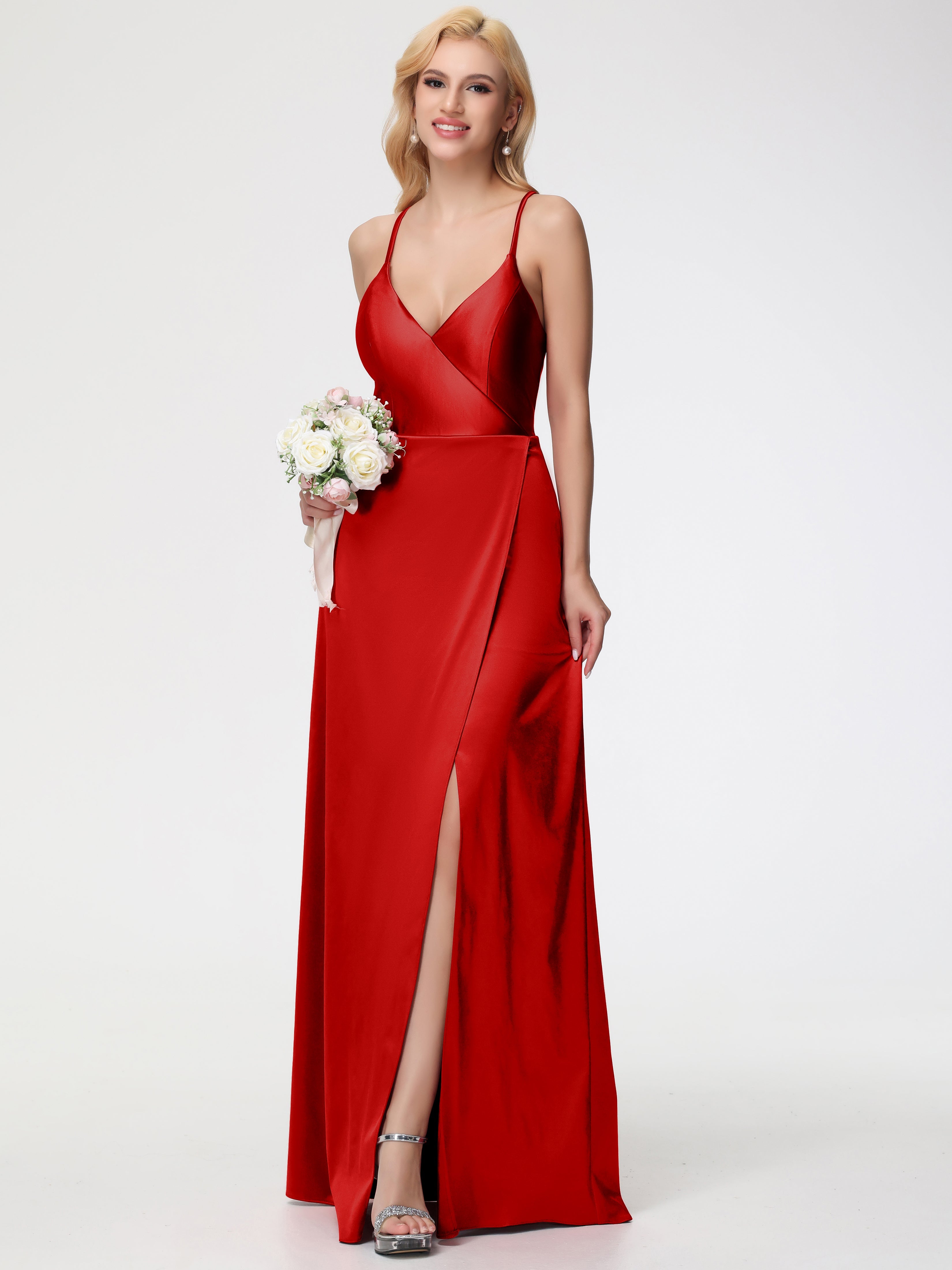 Robes De Demoiselle D'Honneur Rouges Longues Bretelles Croisées Col V Fendue Satin Extensible Robe De Demoiselle D'Honneur