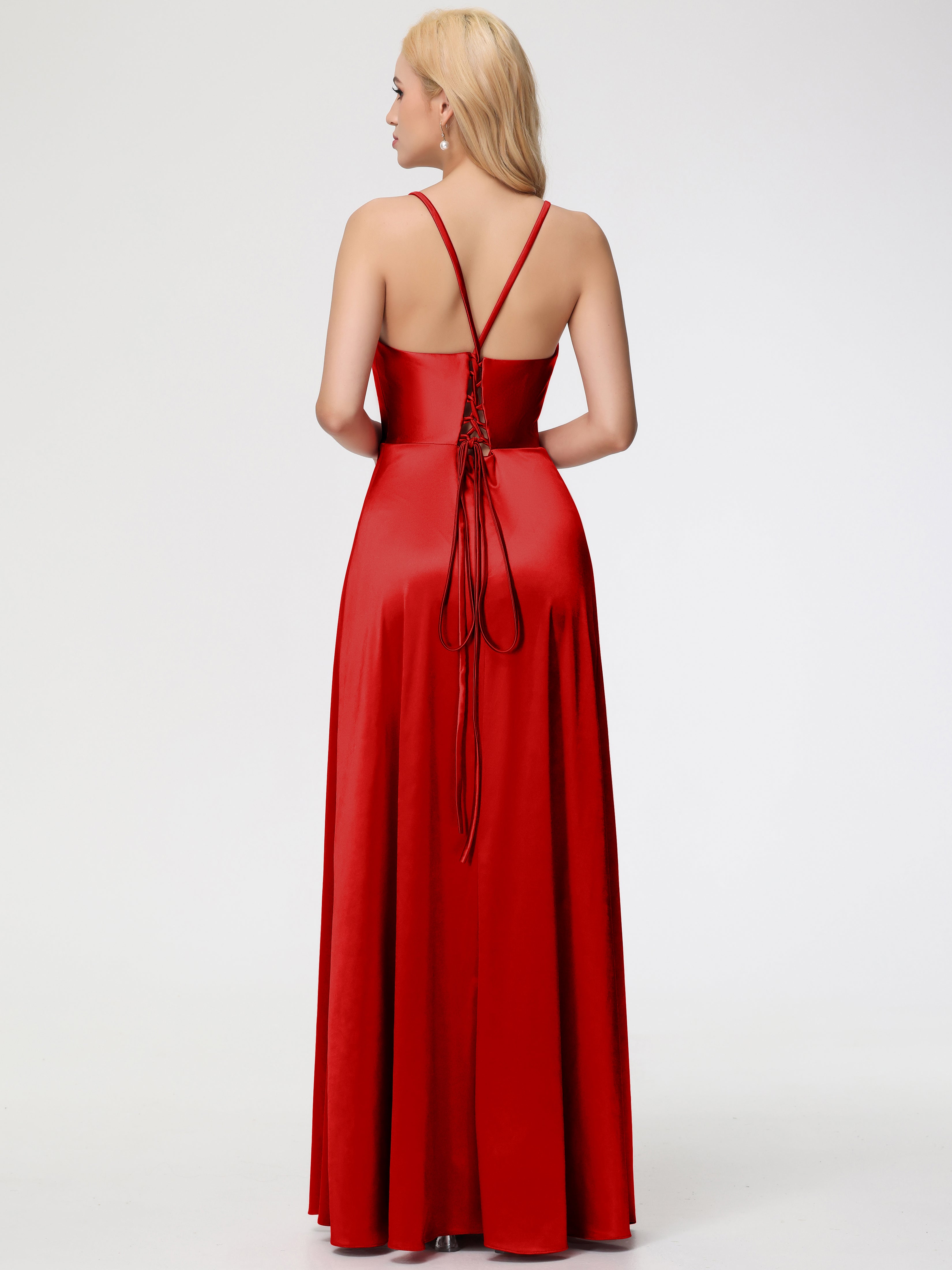 Robes De Demoiselle D'Honneur Rouges Longues Bretelles Croisées Col V Fendue Satin Extensible Robe De Demoiselle D'Honneur