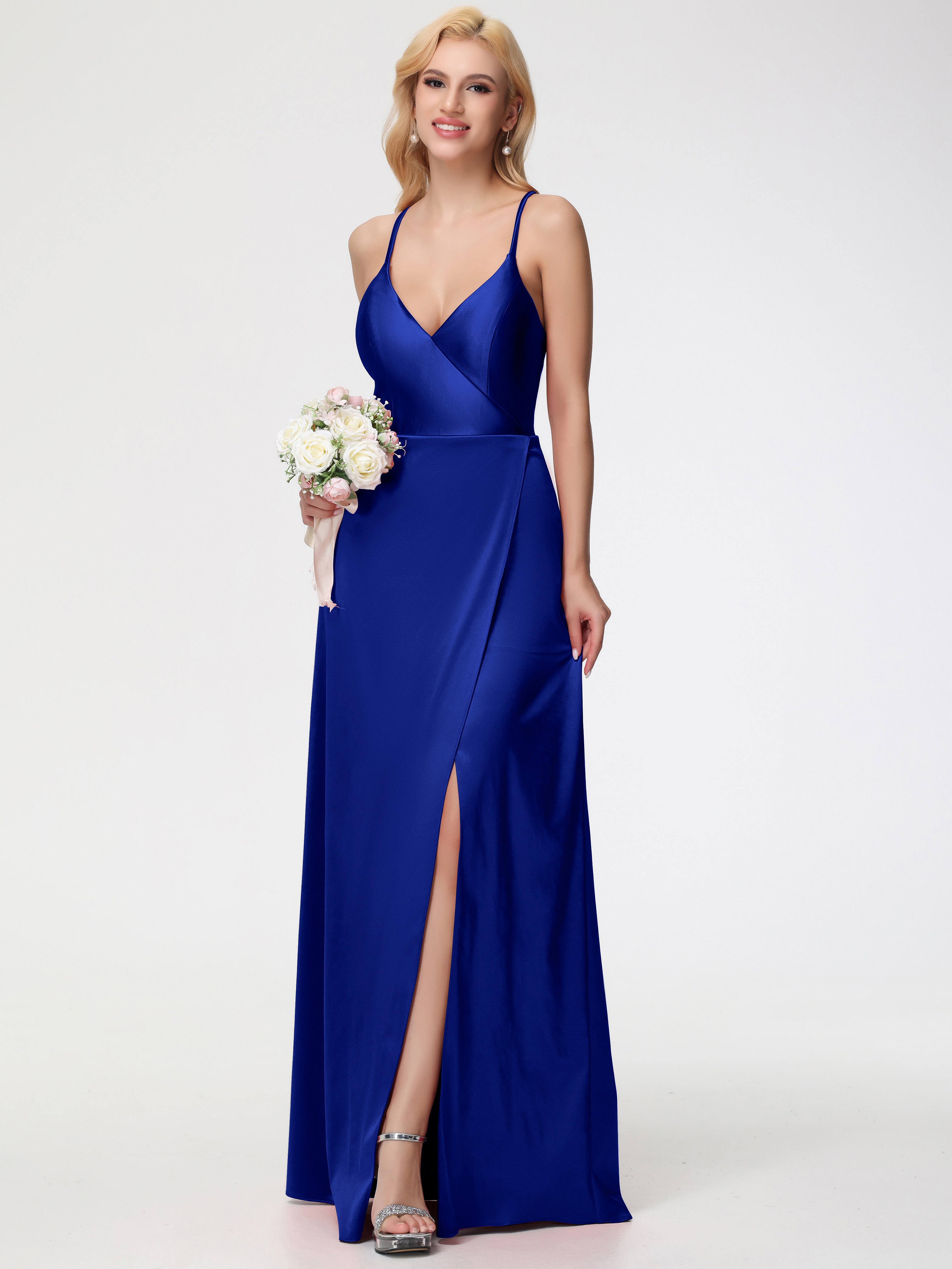 Demoiselle D'Honneur Bleu Royal Bretelles Croisées Col V Fendue Satin Extensible Robe De Demoiselle D'Honneur