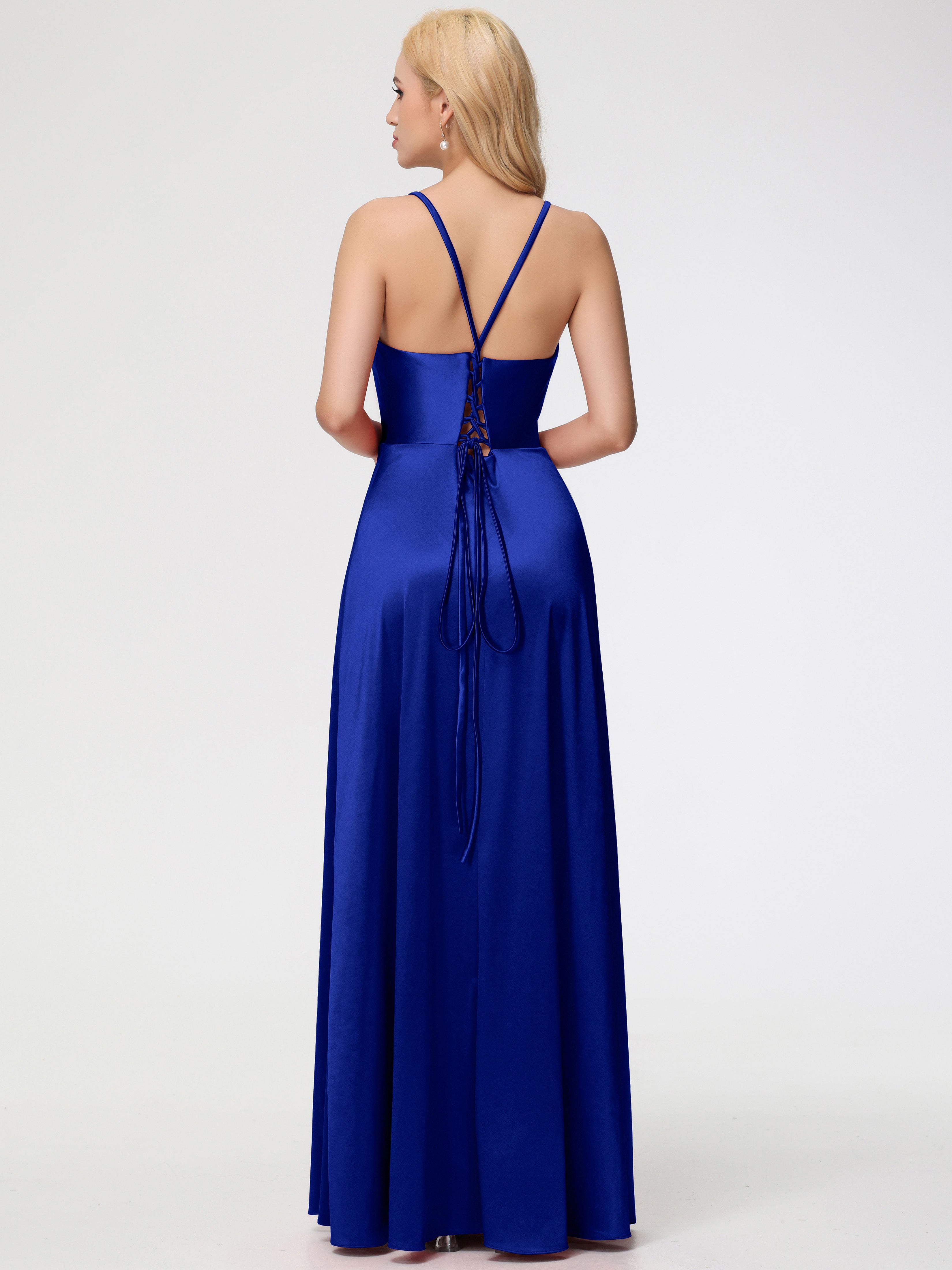 Demoiselle D'Honneur Bleu Royal Bretelles Croisées Col V Fendue Satin Extensible Robe De Demoiselle D'Honneur