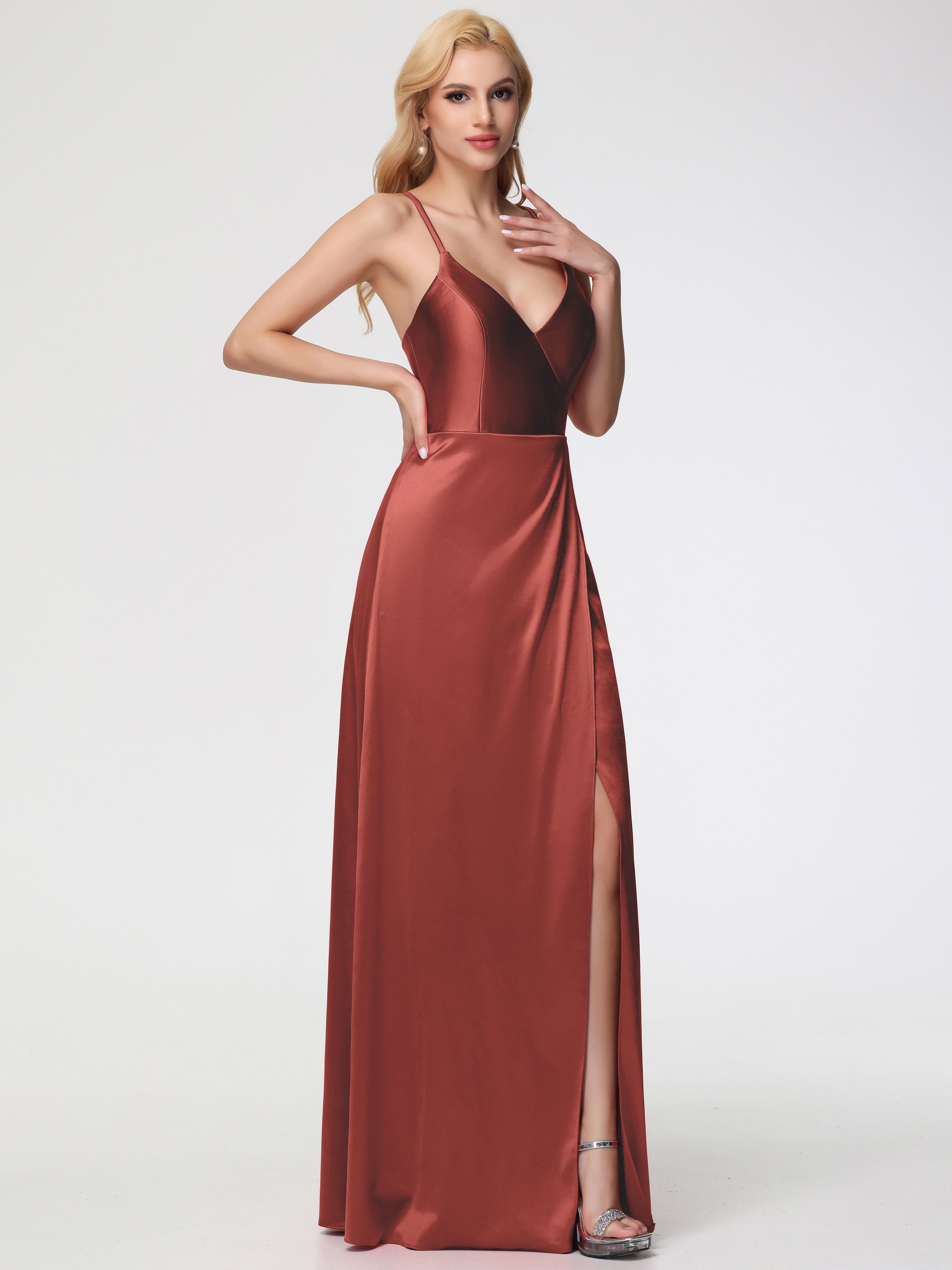 Robe De Demoiselle D'Honneur De Rouille Au Sol Bretelles Croisées Col V Fendue Satin Extensible Robe De Demoiselle D'Honneur