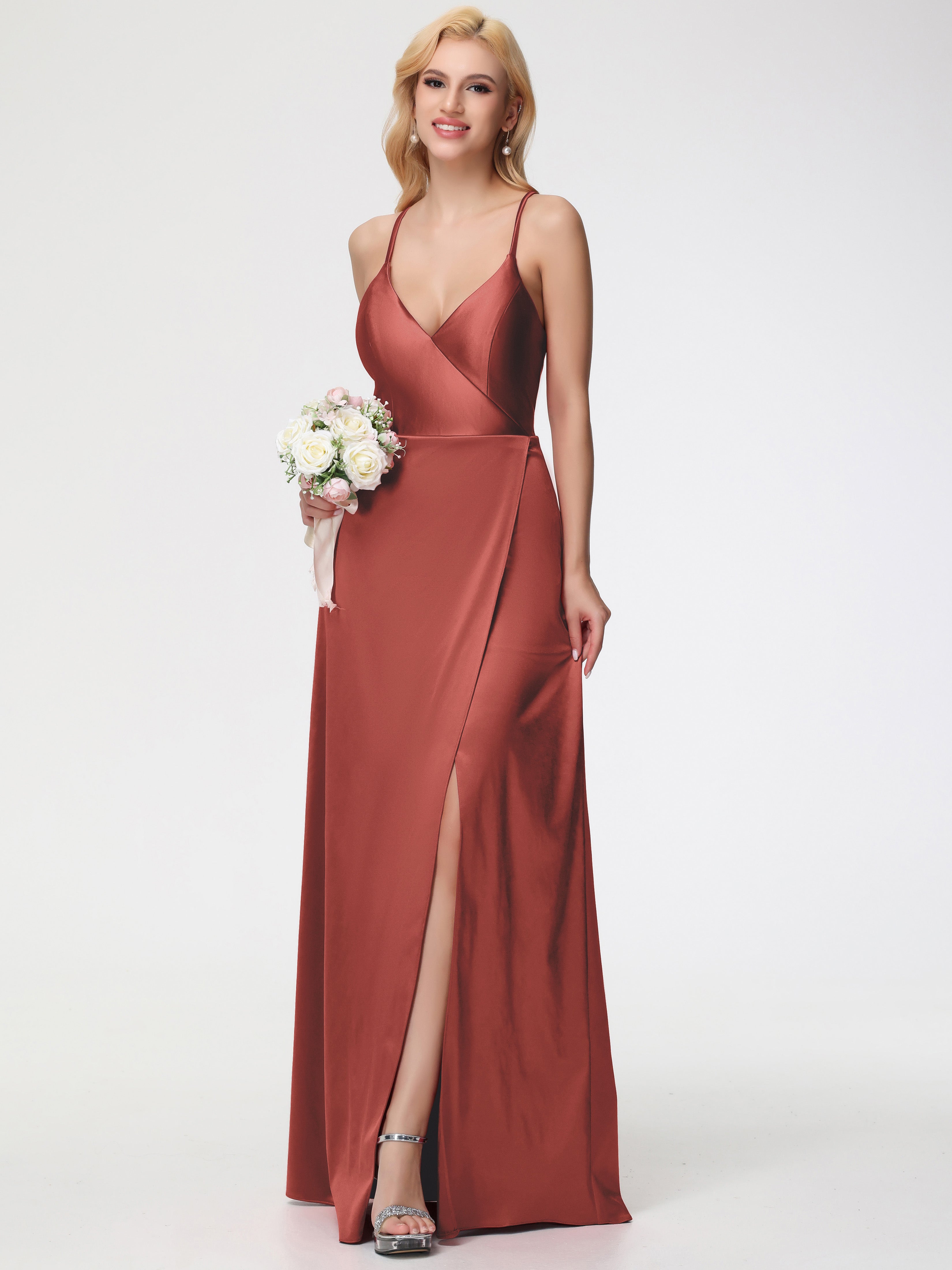 Robe De Demoiselle D'Honneur De Rouille Au Sol Bretelles Croisées Col V Fendue Satin Extensible Robe De Demoiselle D'Honneur