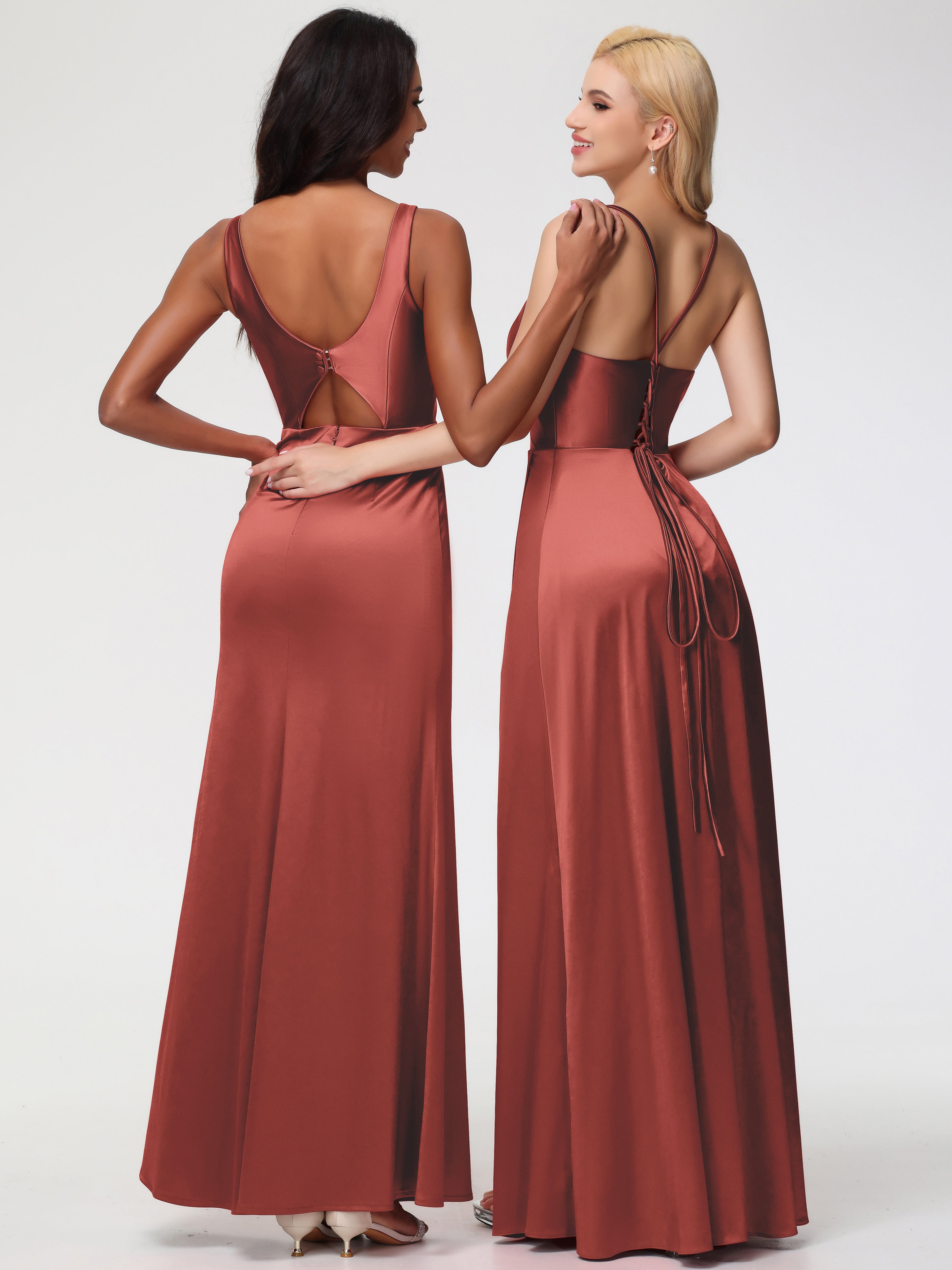 Robe De Demoiselle D'Honneur De Rouille Au Sol Bretelles Croisées Col V Fendue Satin Extensible Robe De Demoiselle D'Honneur