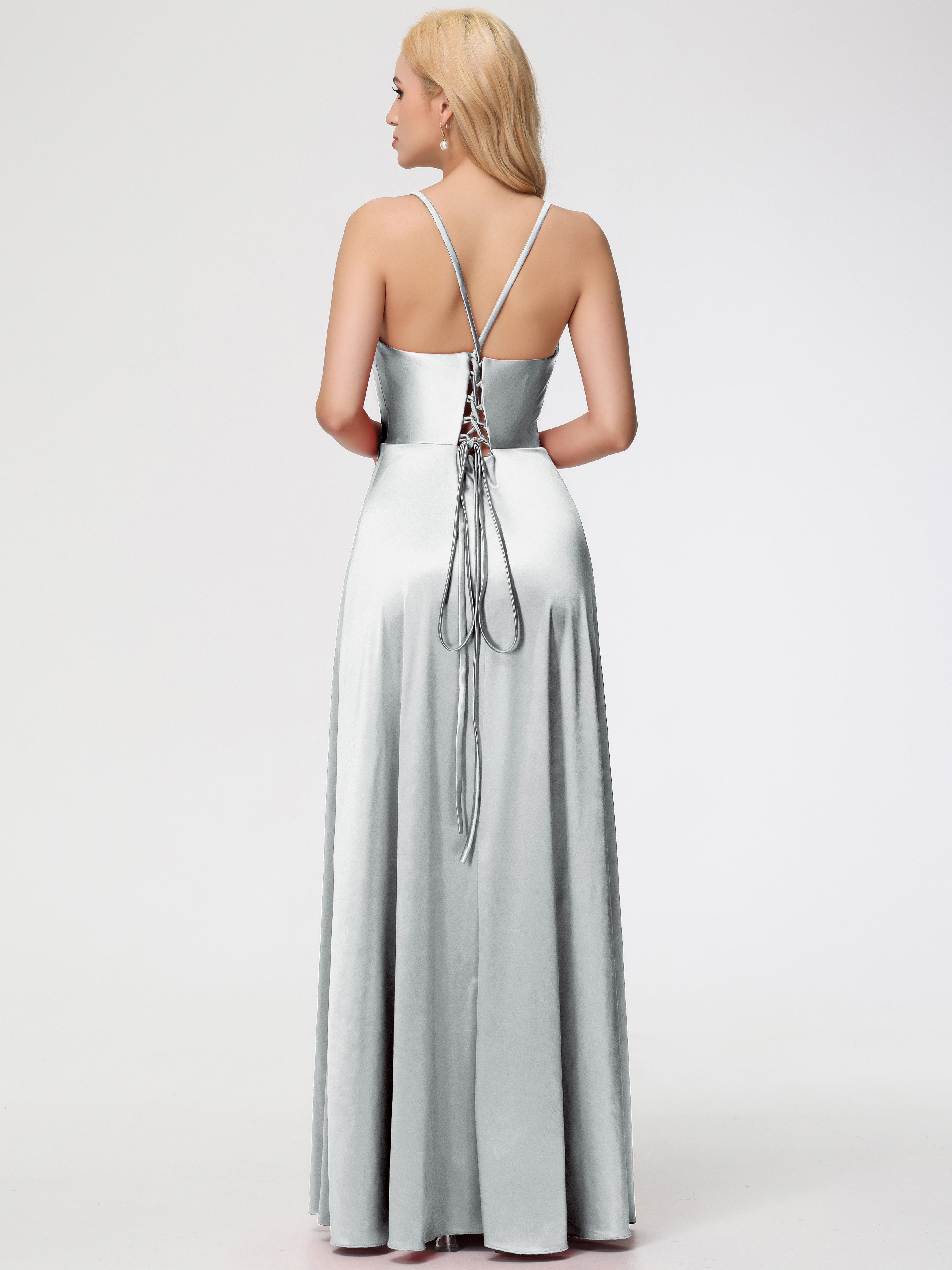 Robes De Demoiselle D'Honneur En Argent Bretelles Croisées Col V Fendue Satin Extensible Robe De Demoiselle D'Honneur