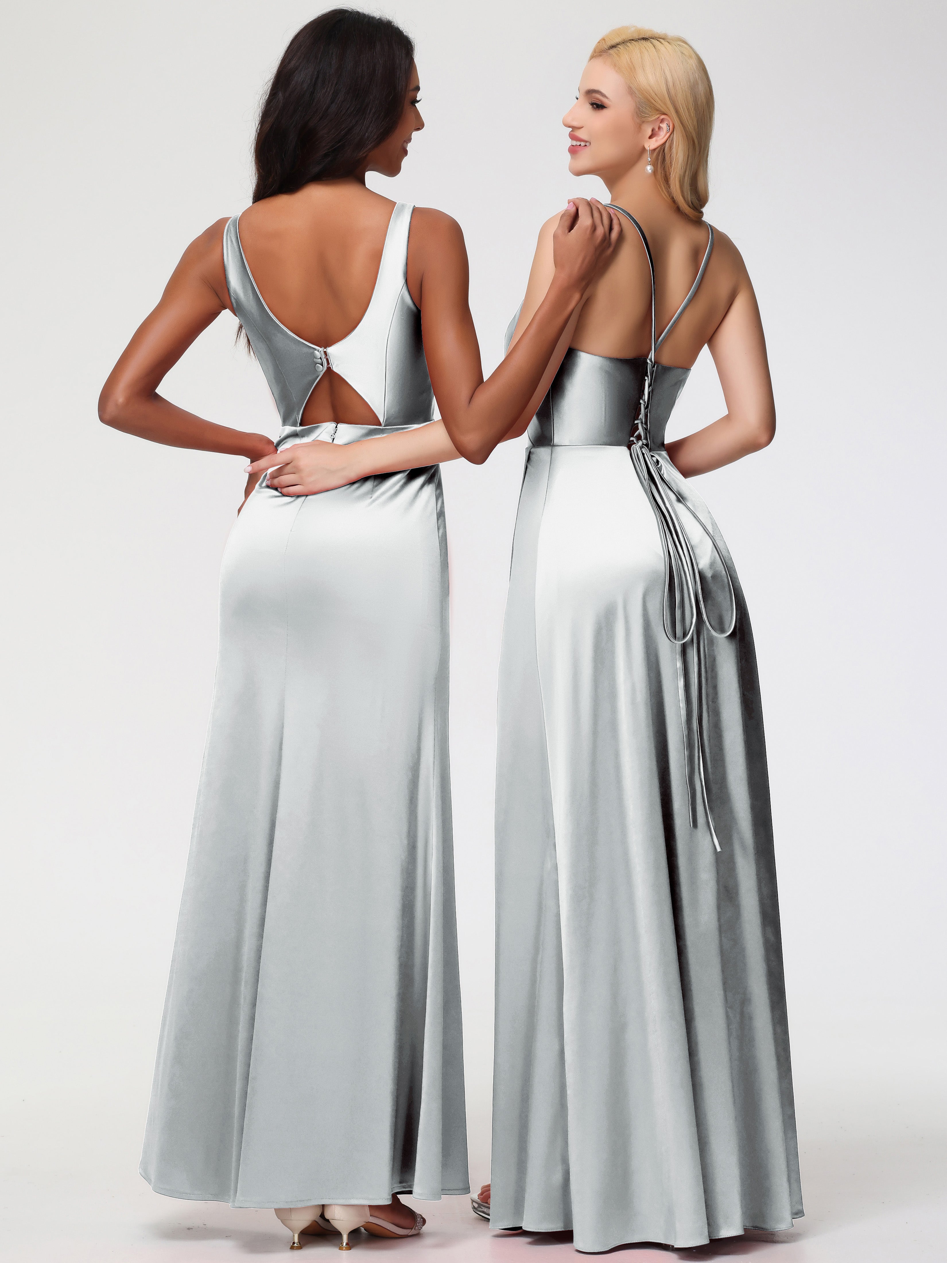 Robes De Demoiselle D'Honneur En Argent Bretelles Croisées Col V Fendue Satin Extensible Robe De Demoiselle D'Honneur